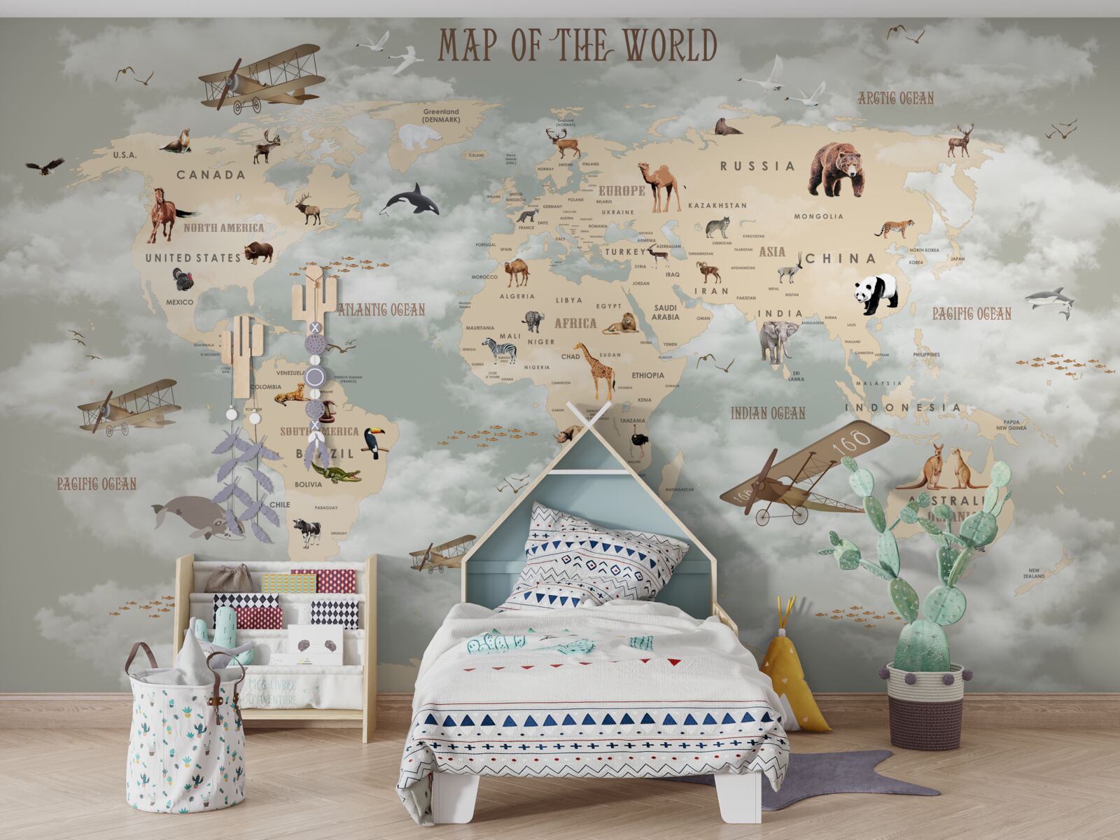 Fototapeta mapa sveta so zvieratami a dopravou