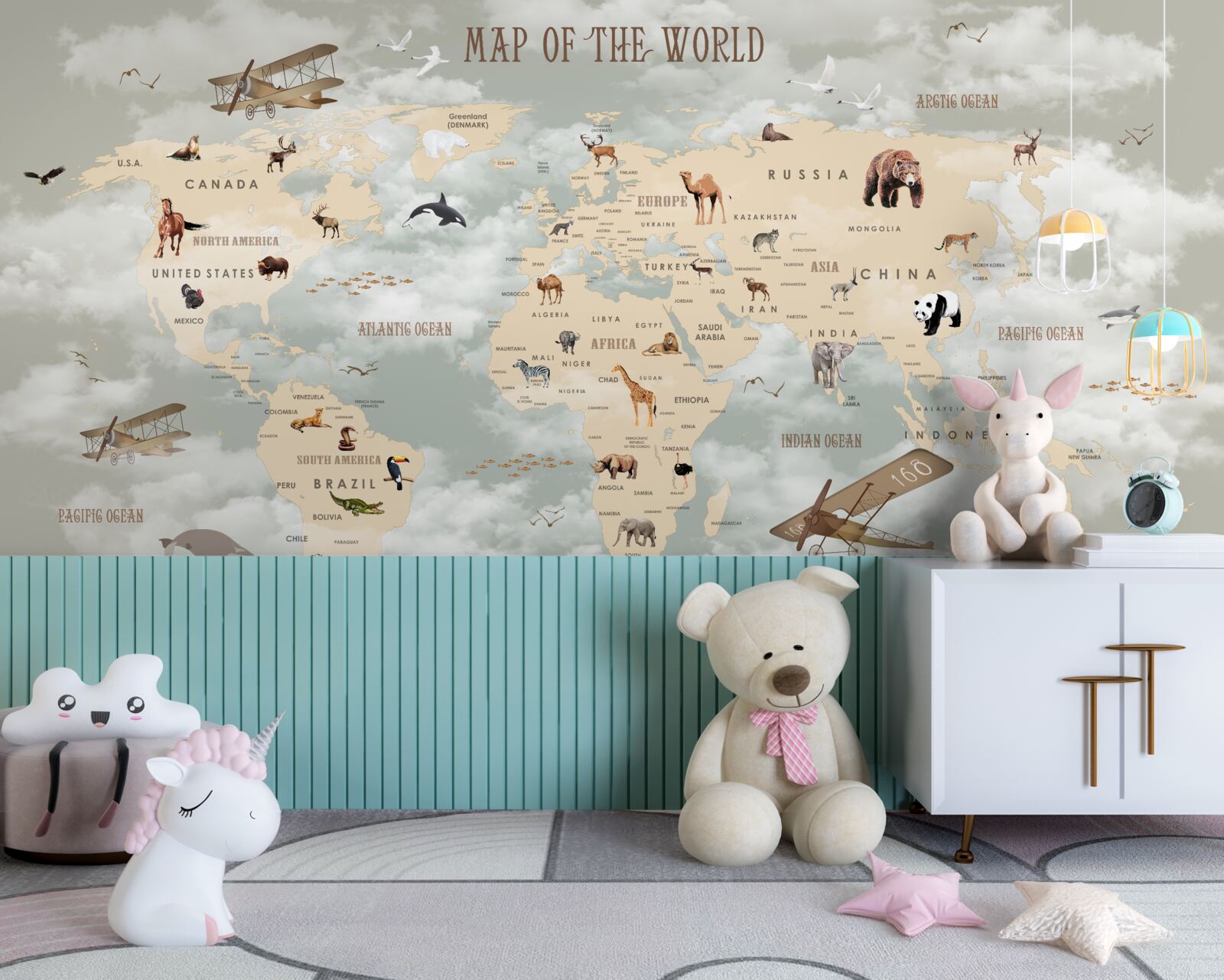 Fototapeta mapa sveta so zvieratami a dopravou