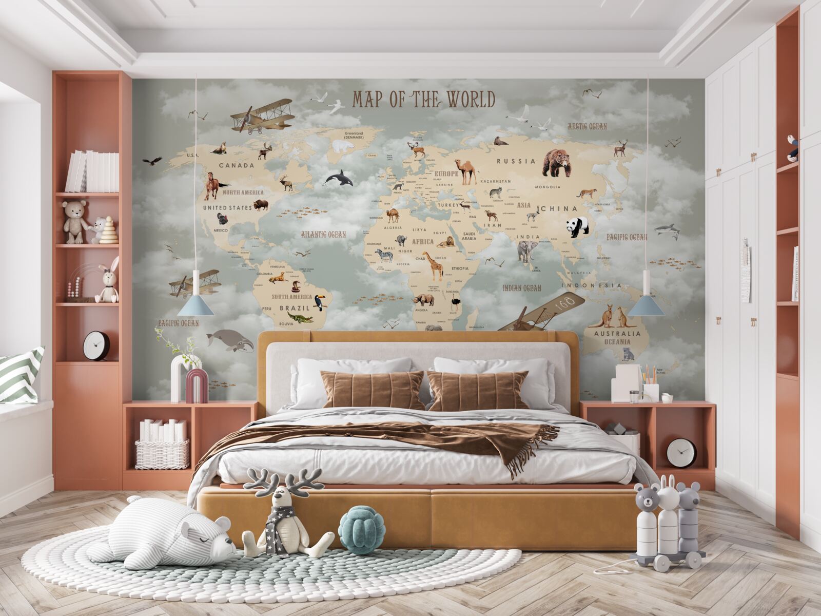 Fototapeta mapa sveta so zvieratami a dopravou