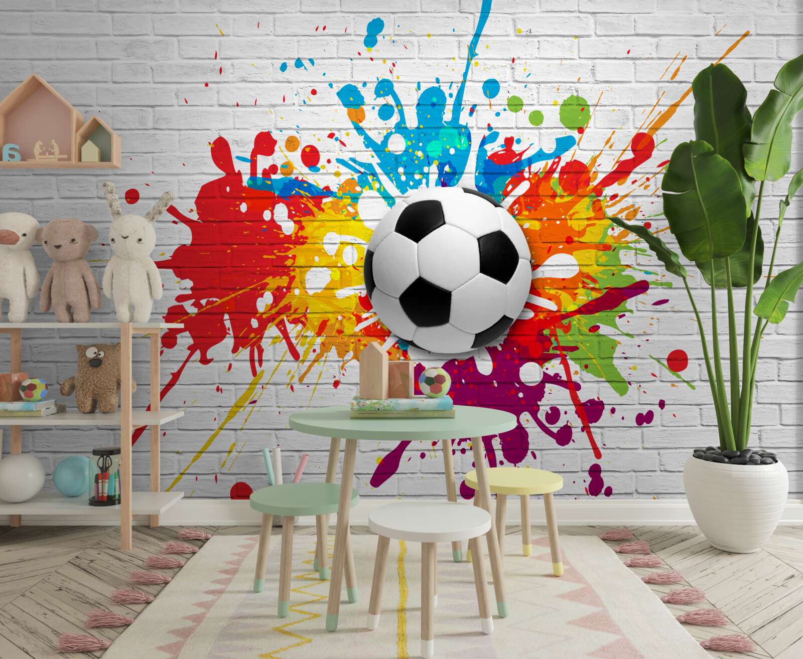 Fototapeta je tu futbalová lopta na tehlovej stene