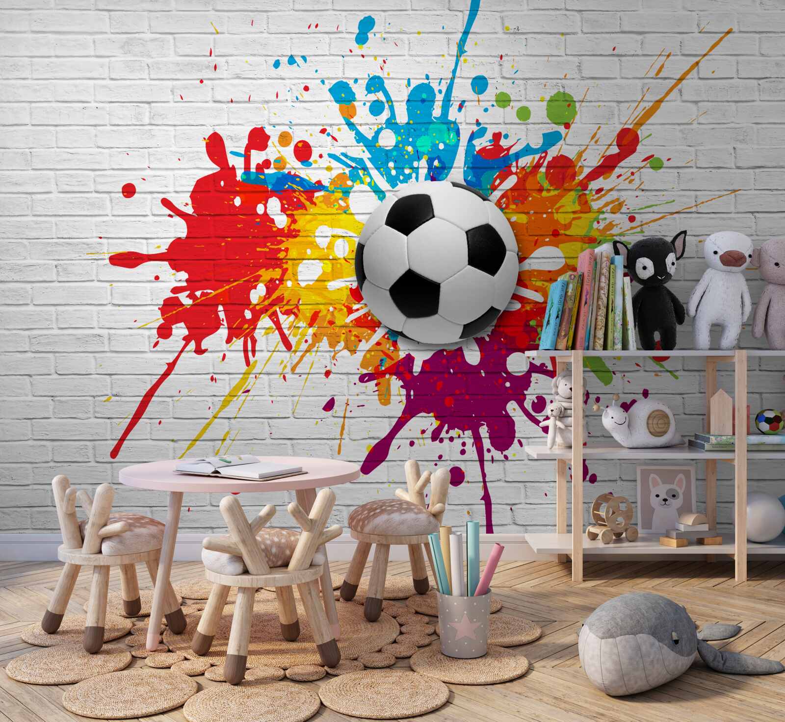 Fototapeta je tu futbalová lopta na tehlovej stene