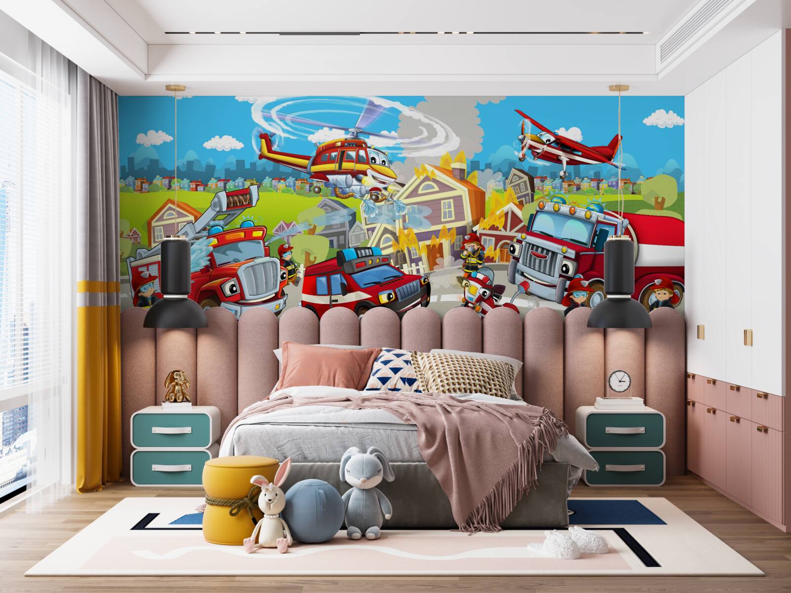 Fototapeta hasiči a rôzni priatelia dopravy