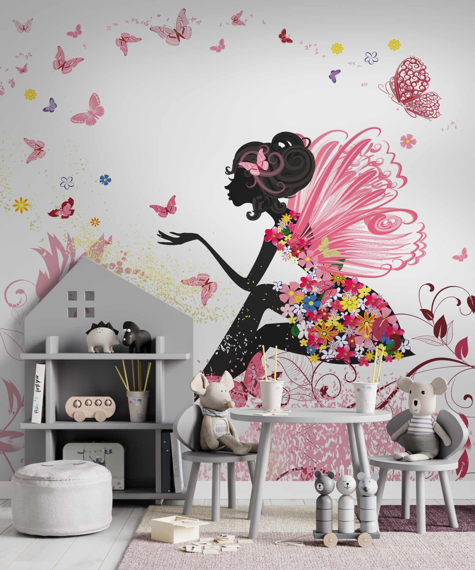 Fototapeta obrázok dievčaťa obklopeného motýľmi a kvetmi