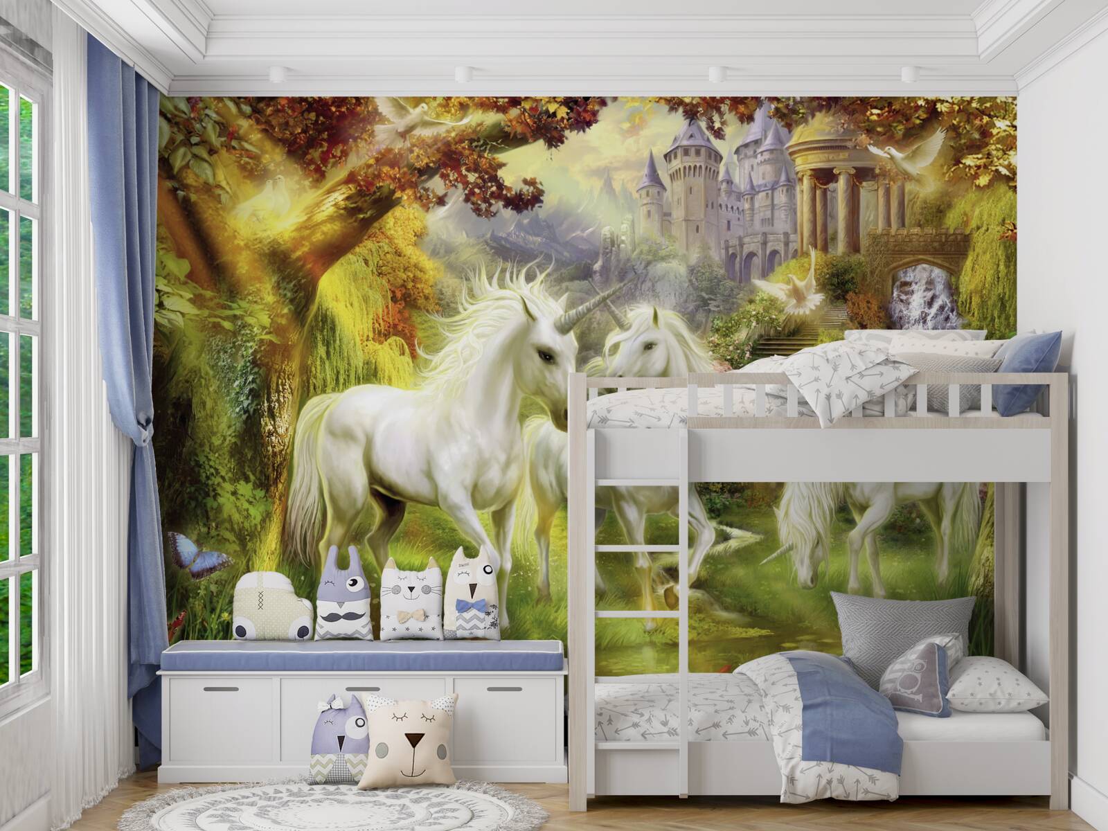 Fototapeta Jednorožce sú celé biele v lese pri zámku