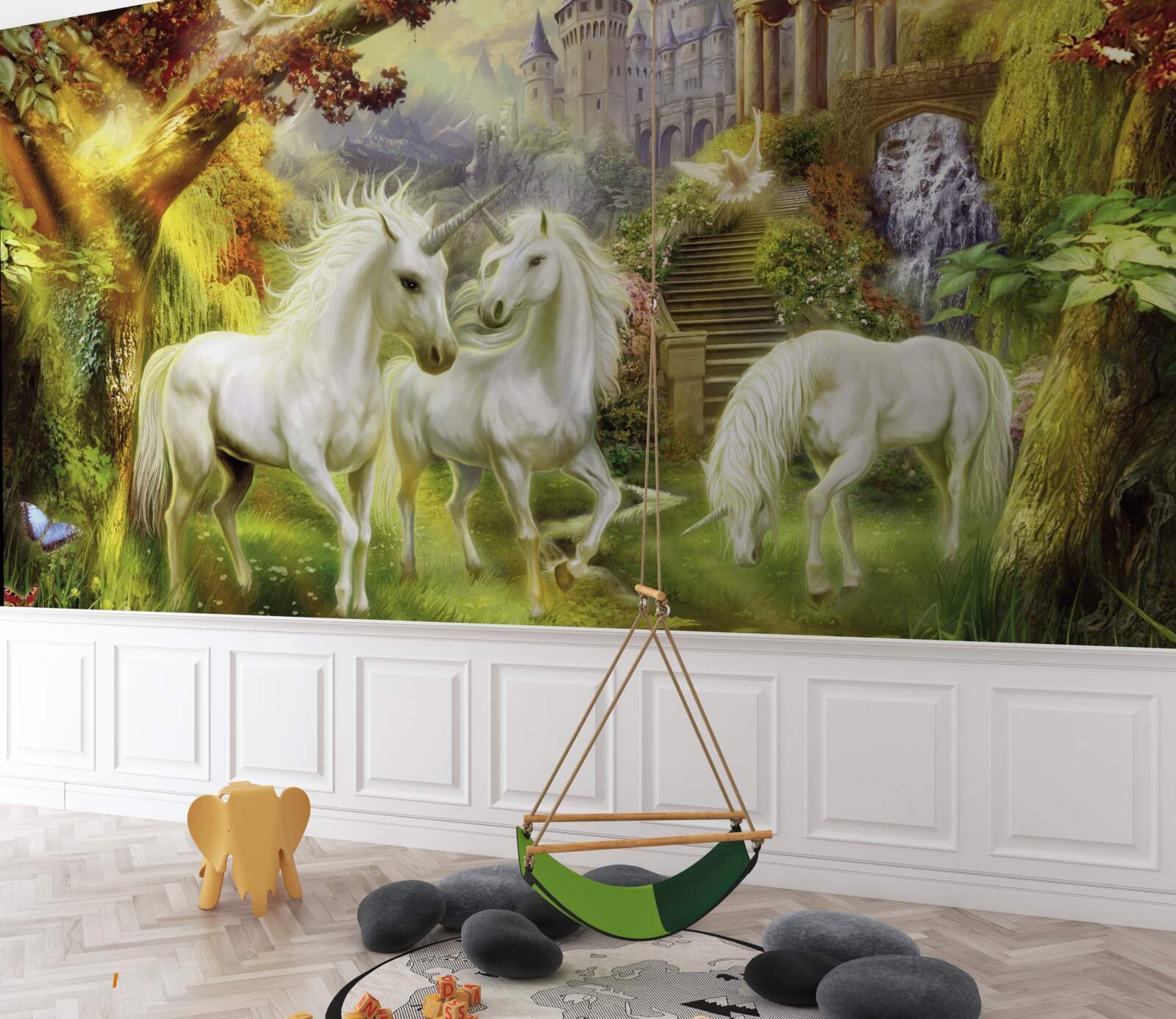 Fototapeta Jednorožce sú celé biele v lese pri zámku