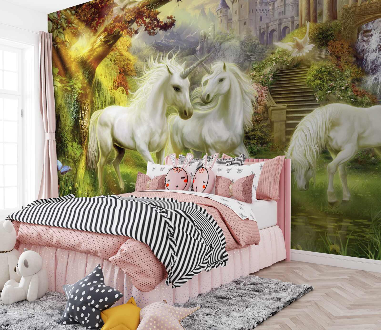 Fototapeta Jednorožce sú celé biele v lese pri zámku