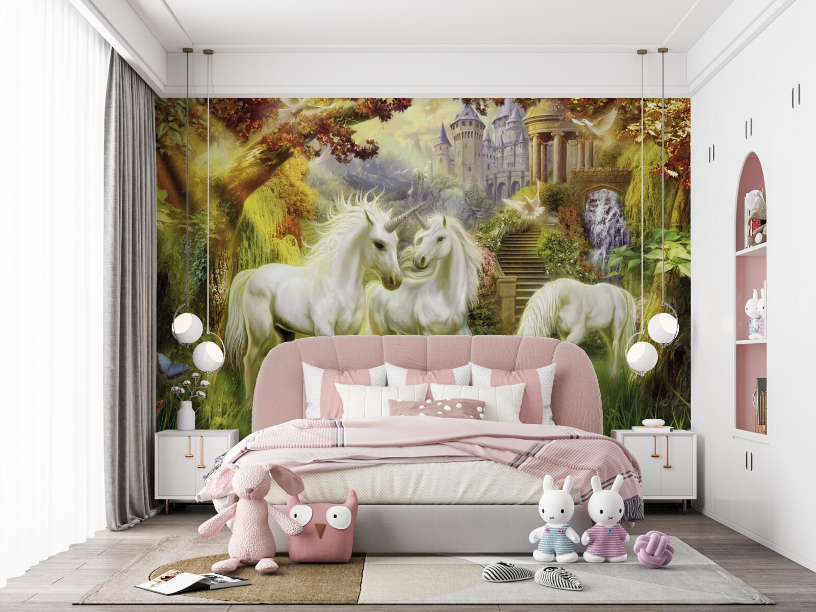 Fototapeta Jednorožce sú celé biele v lese pri zámku