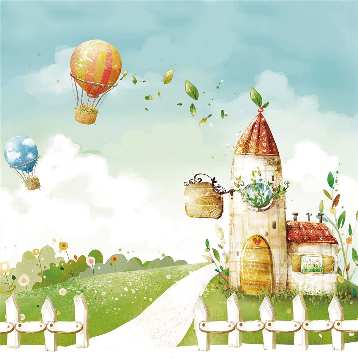 Fototapeta veľa teplovzdušných balónov lieta nad vidieckym domom