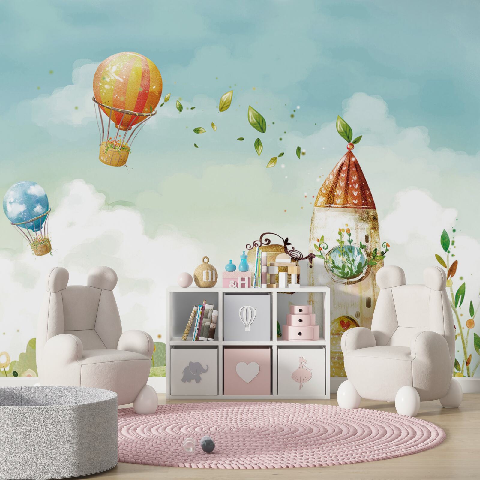 Fototapeta veľa teplovzdušných balónov lieta nad vidieckym domom