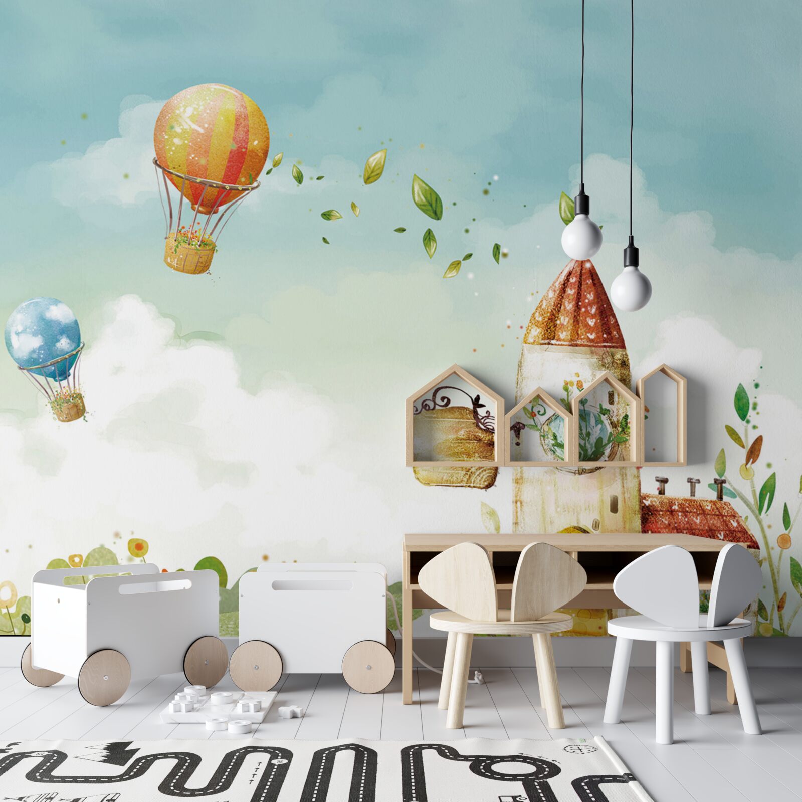 Fototapeta veľa teplovzdušných balónov lieta nad vidieckym domom