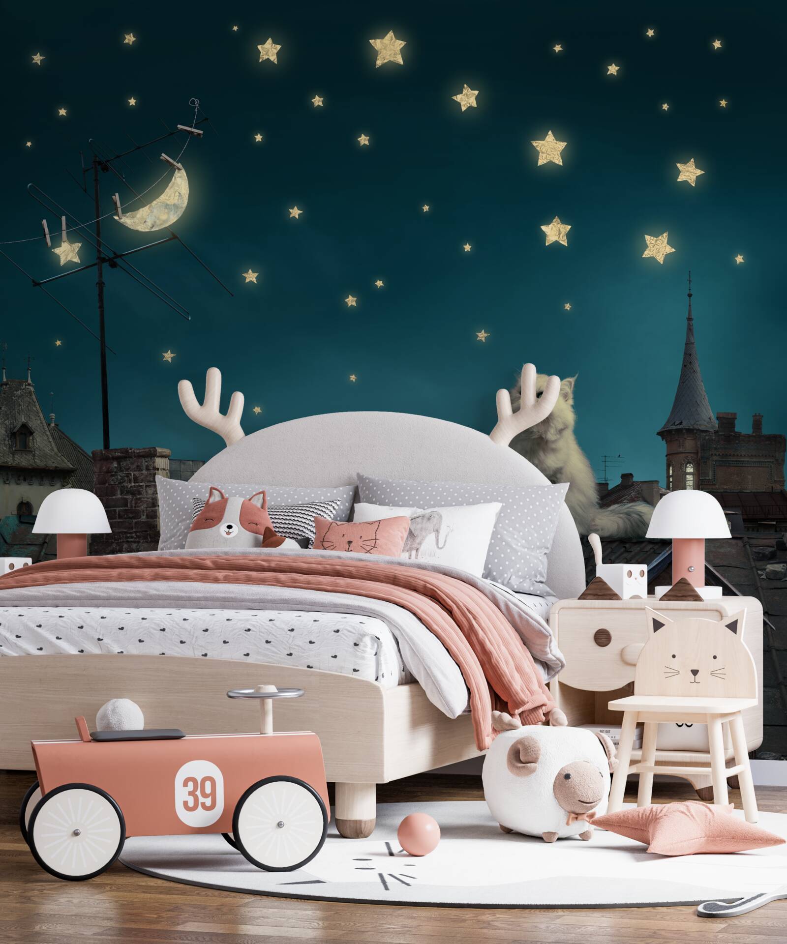 Fototapeta v noci je na streche biela mačka