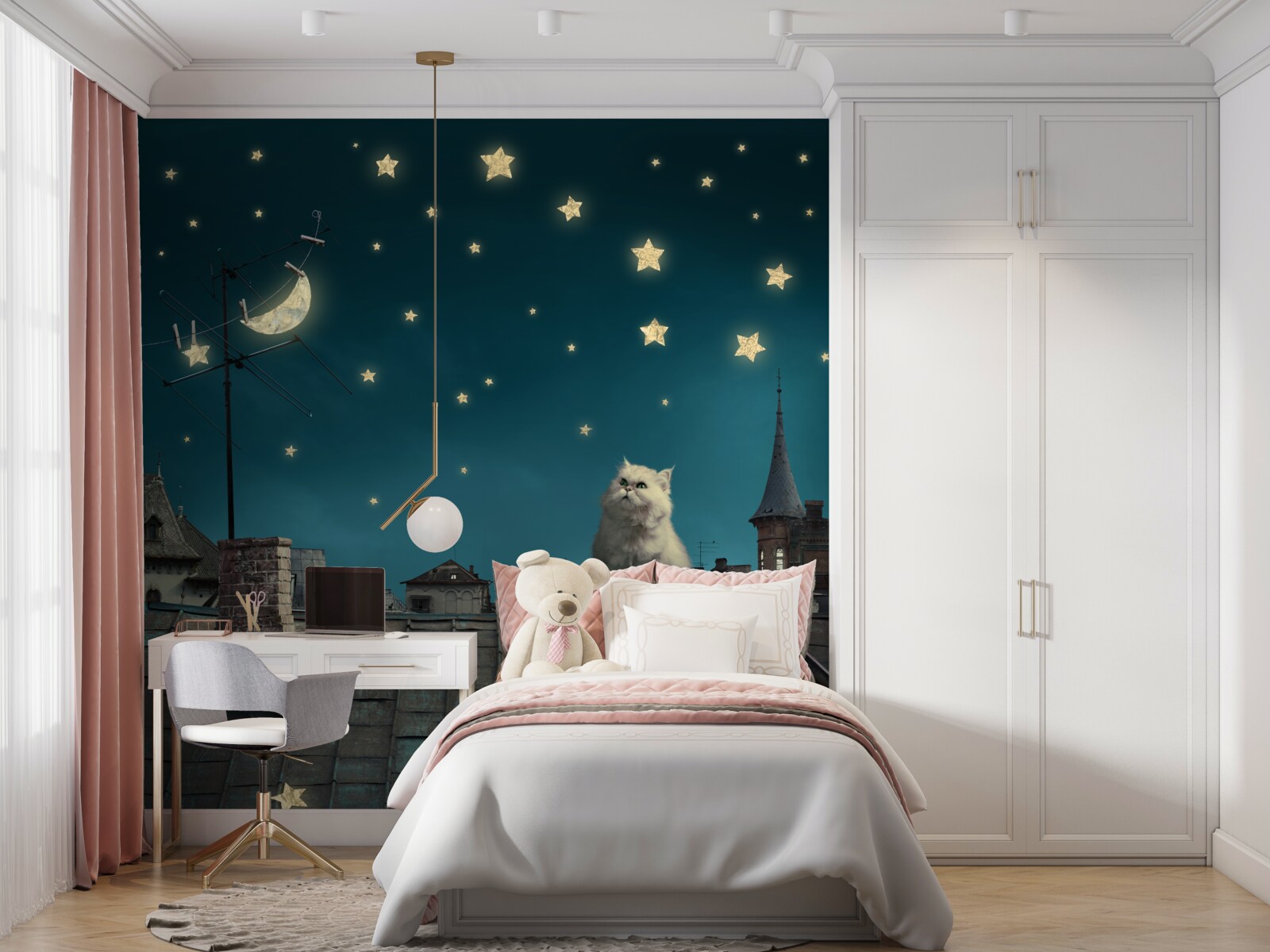 Fototapeta v noci je na streche biela mačka