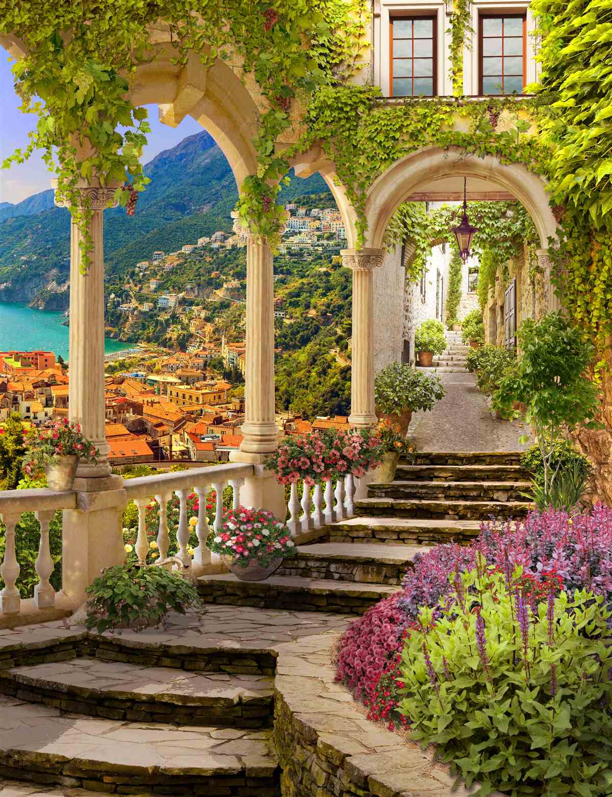 Fototapeta terasa pri mori, obklopená kvetmi