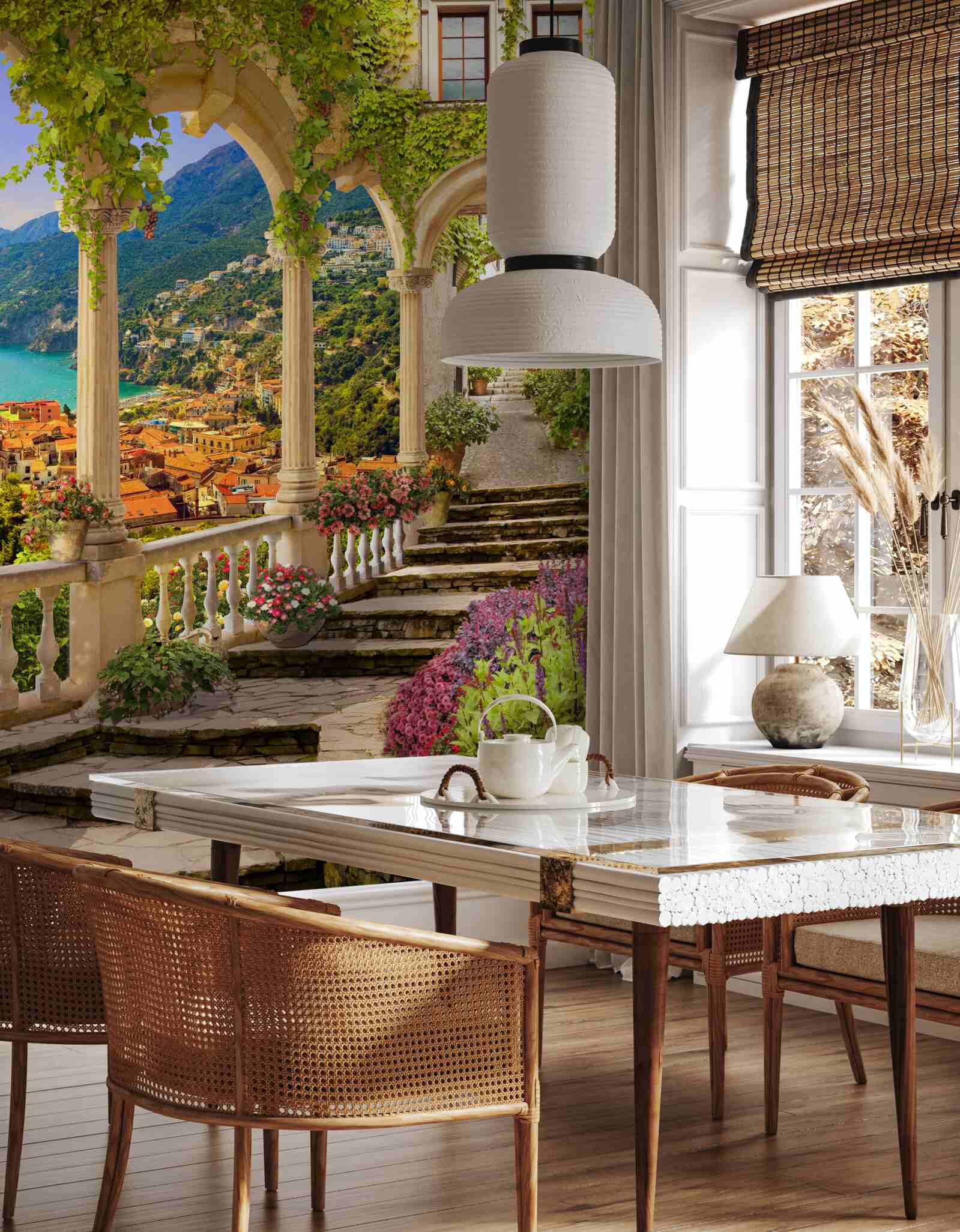 Fototapeta terasa pri mori, obklopená kvetmi