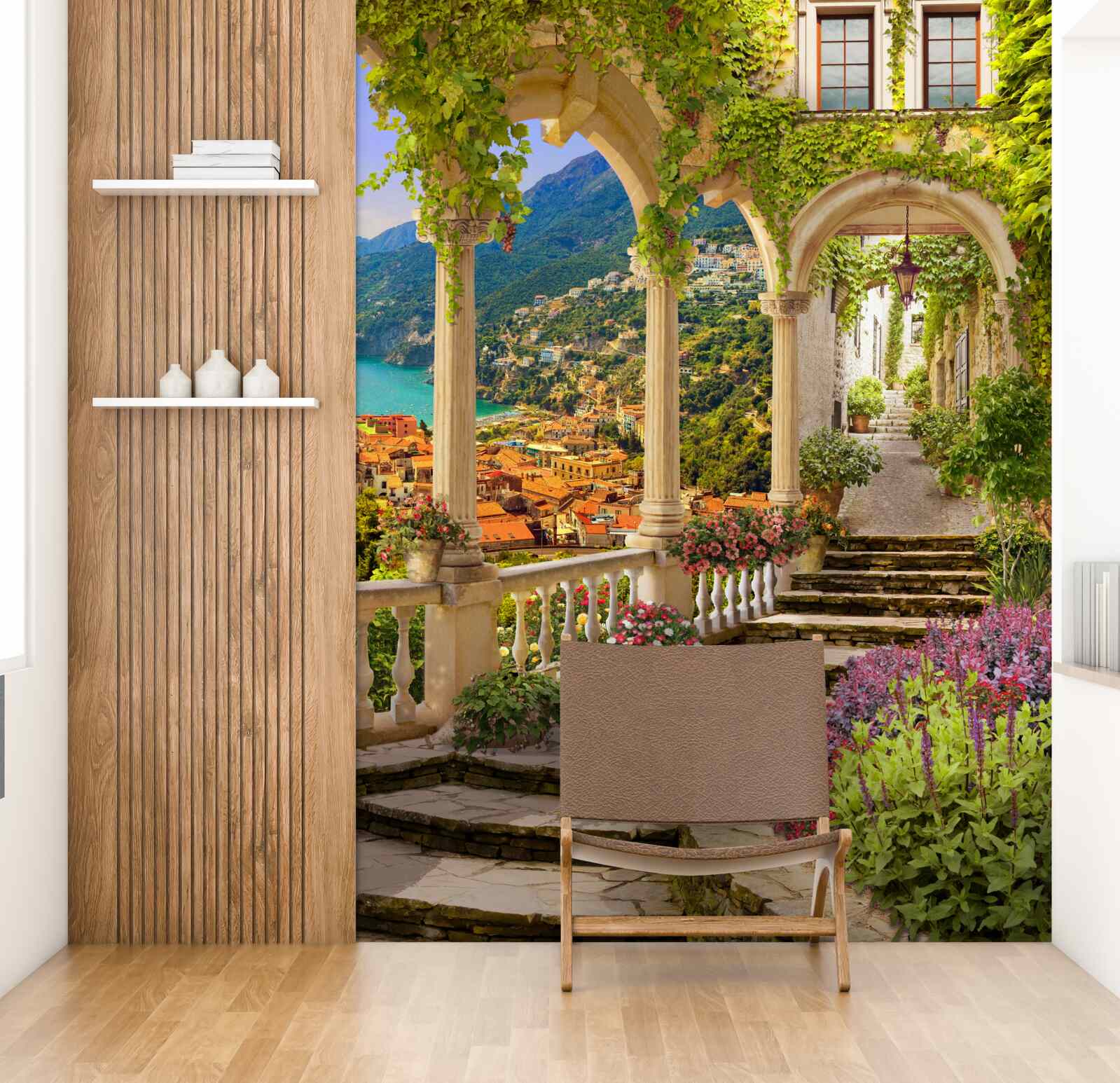 Fototapeta terasa pri mori, obklopená kvetmi