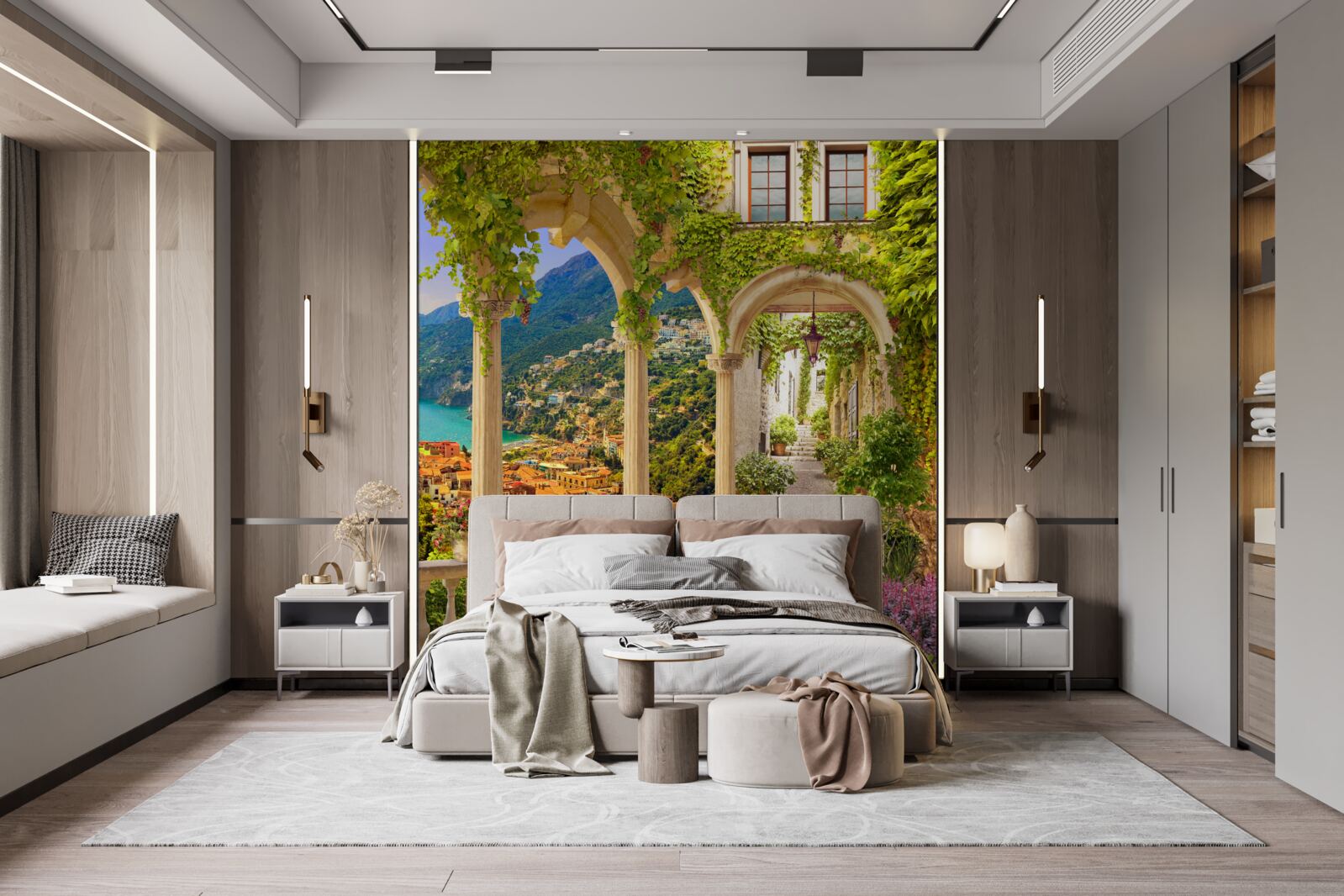 Fototapeta terasa pri mori, obklopená kvetmi