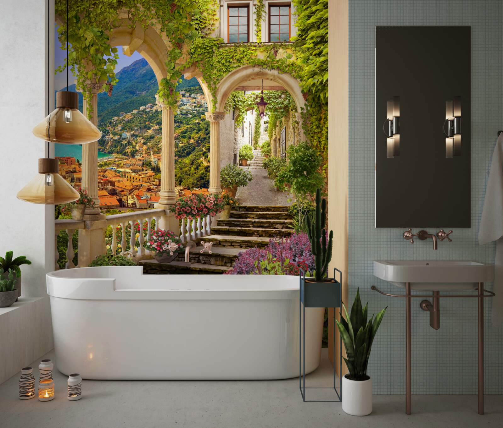 Fototapeta terasa pri mori, obklopená kvetmi