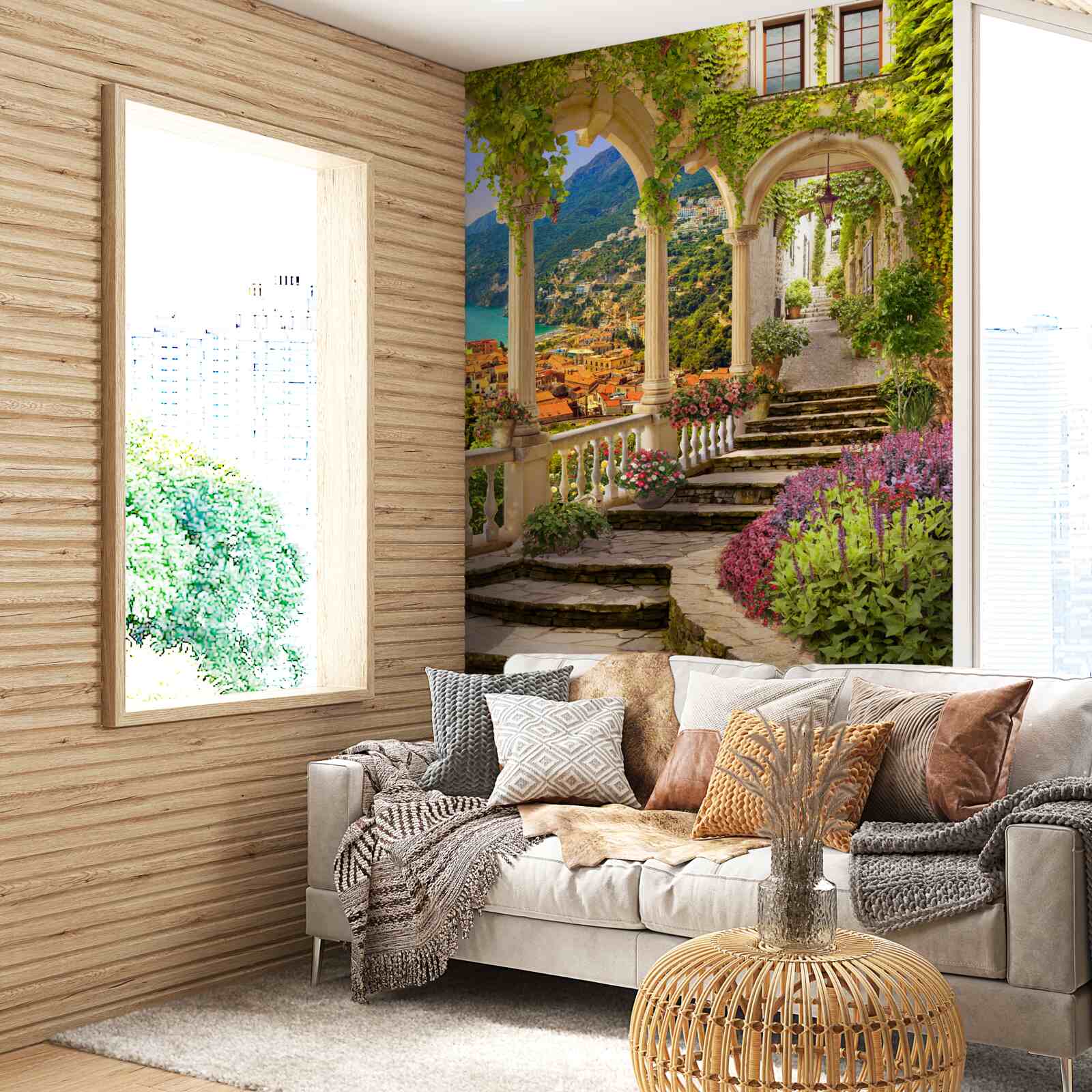 Fototapeta terasa pri mori, obklopená kvetmi