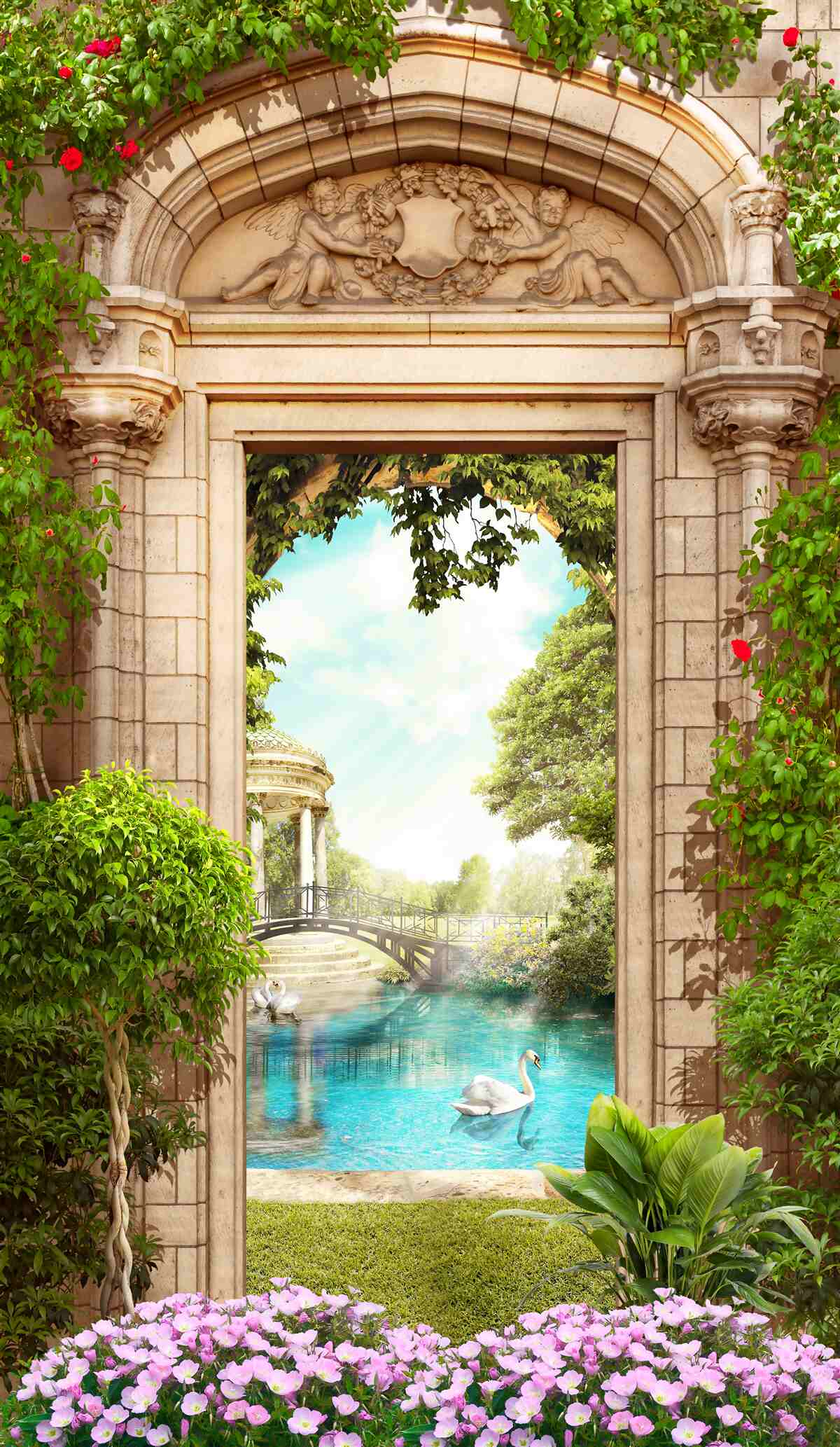 Fototapeta panoráma altánku a jazierka s labuťami, otvára sa z oblúka