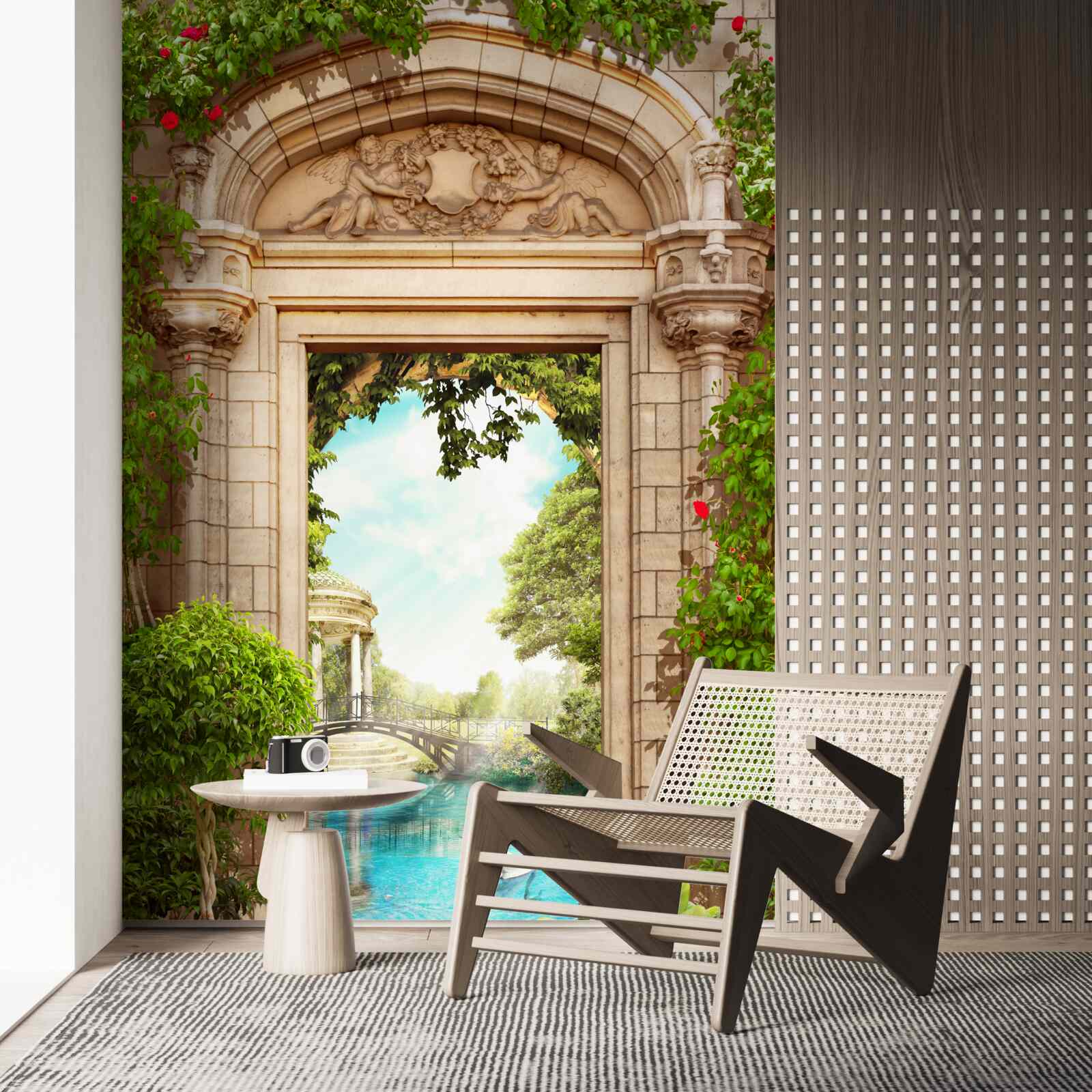 Fototapeta panoráma altánku a jazierka s labuťami, otvára sa z oblúka