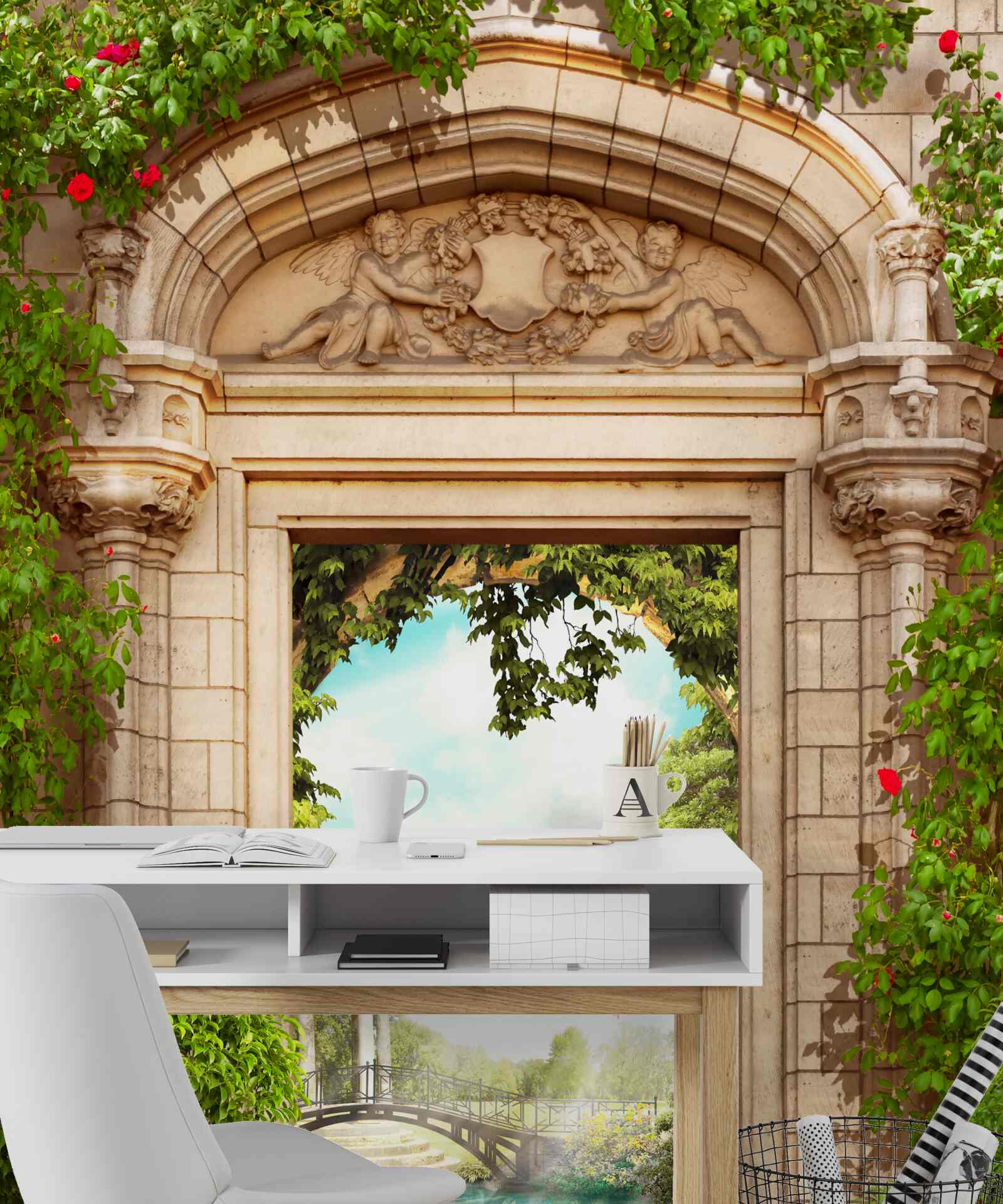 Fototapeta panoráma altánku a jazierka s labuťami, otvára sa z oblúka