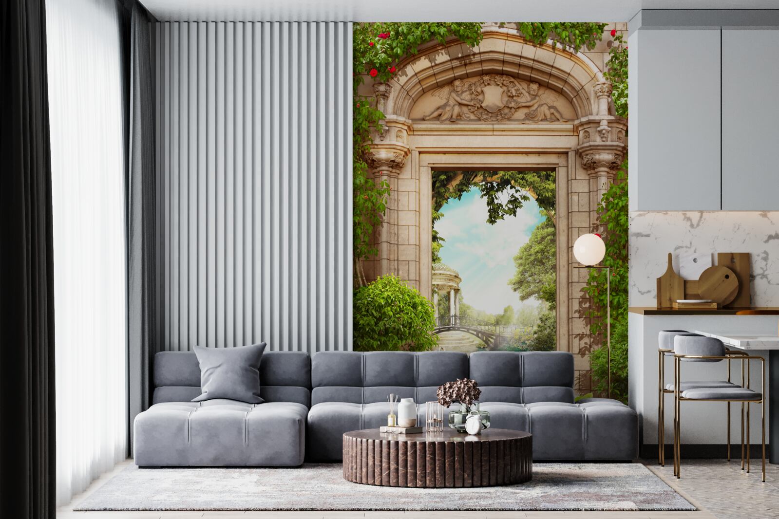 Fototapeta panoráma altánku a jazierka s labuťami, otvára sa z oblúka