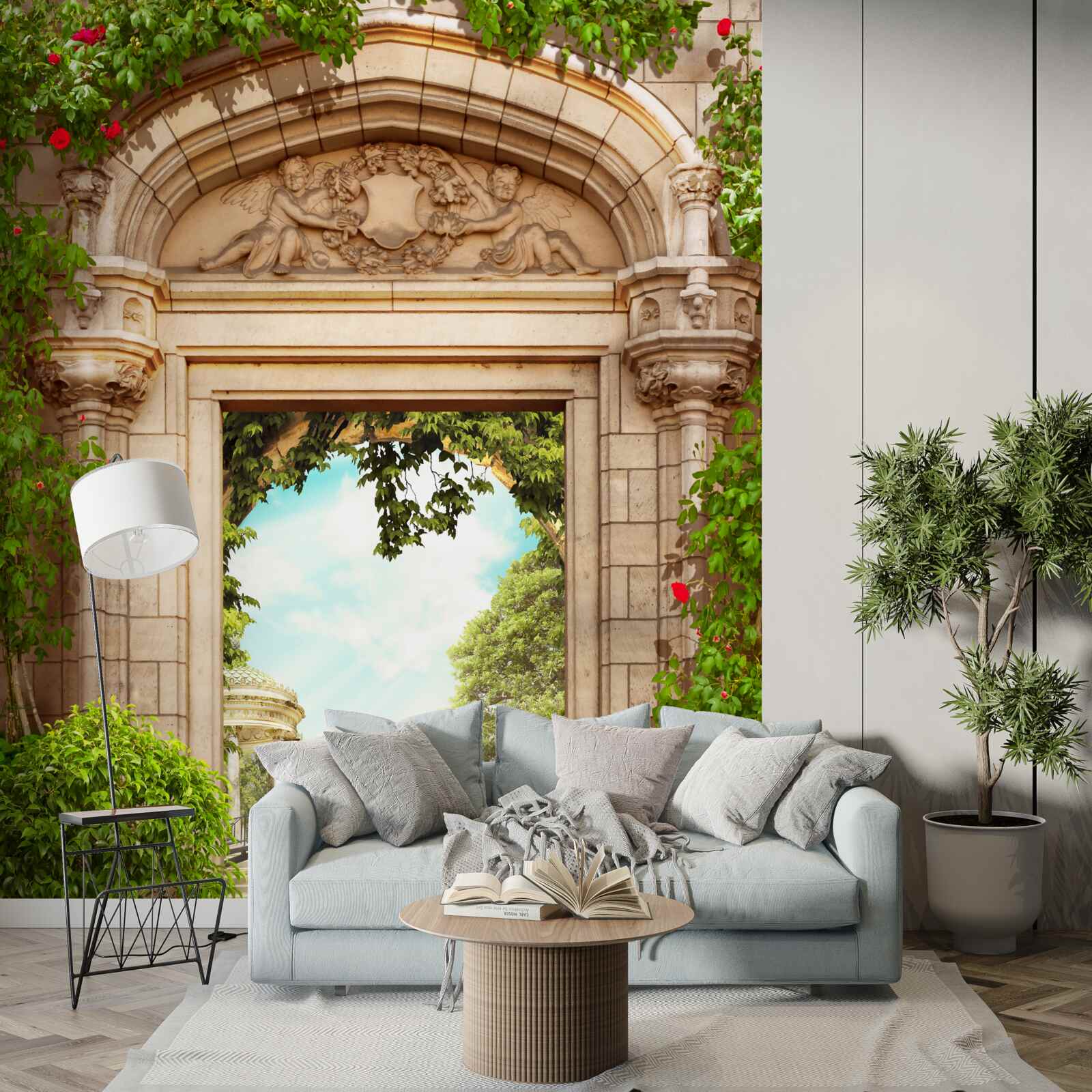 Fototapeta panoráma altánku a jazierka s labuťami, otvára sa z oblúka