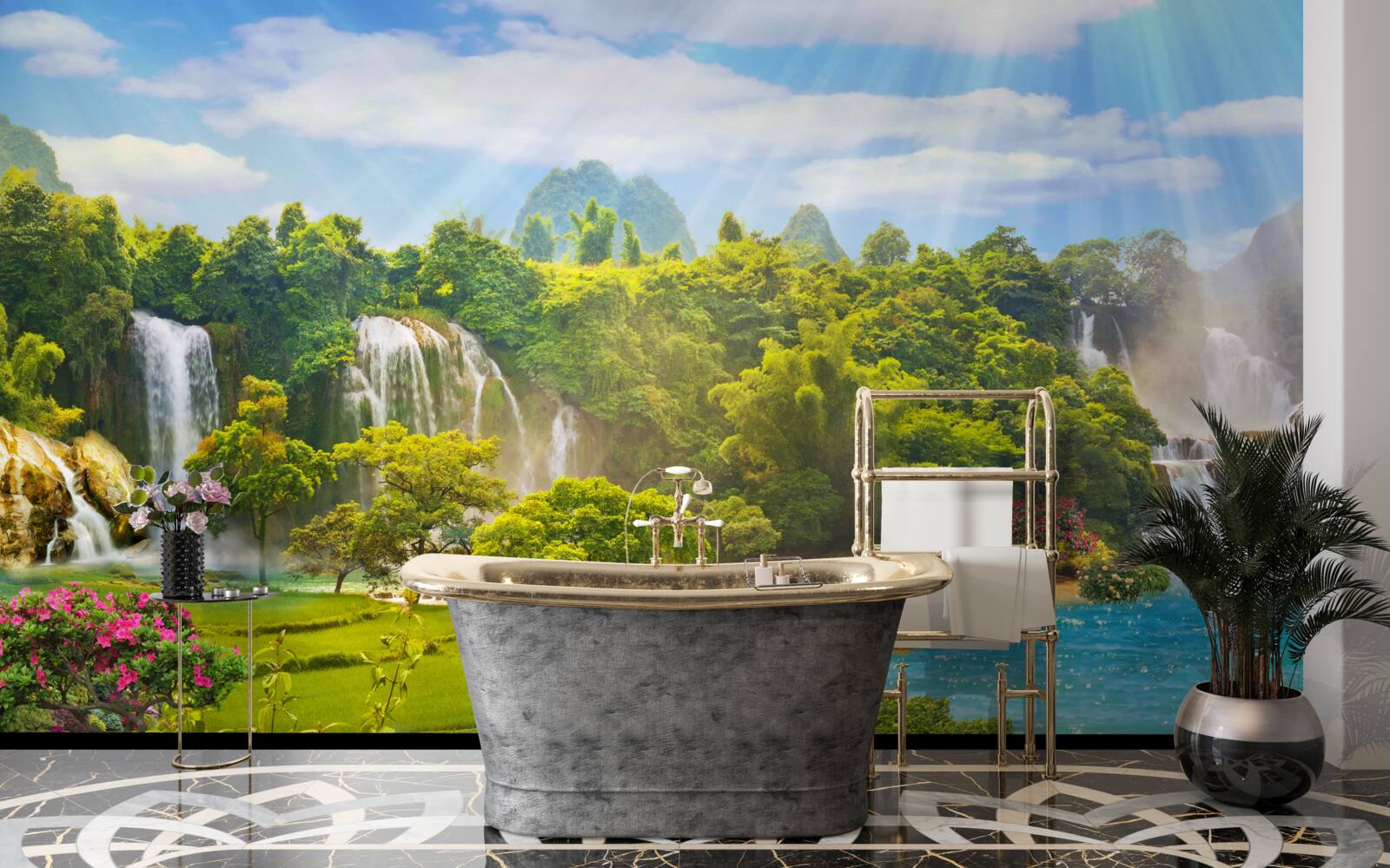 Fototapeta člny v blízkosti vodných kaskád