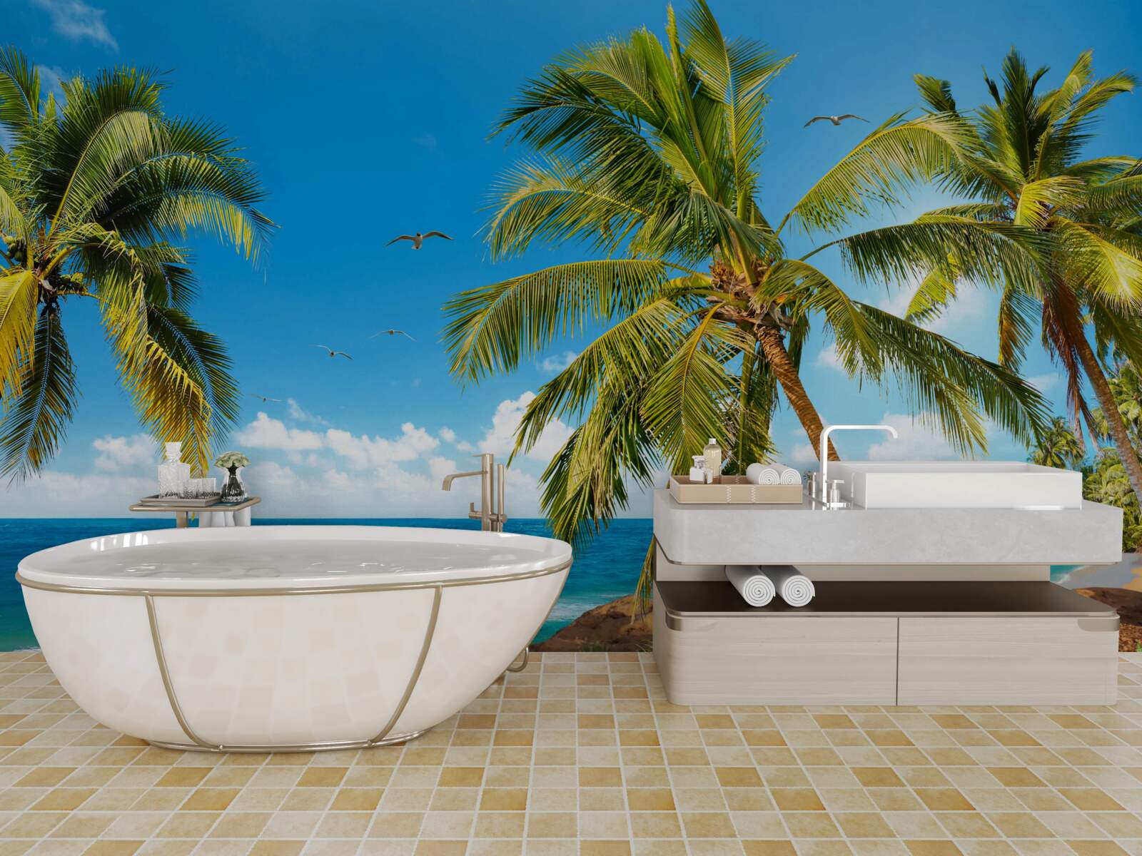 Fototapeta vysoké palmy blízko pobrežia