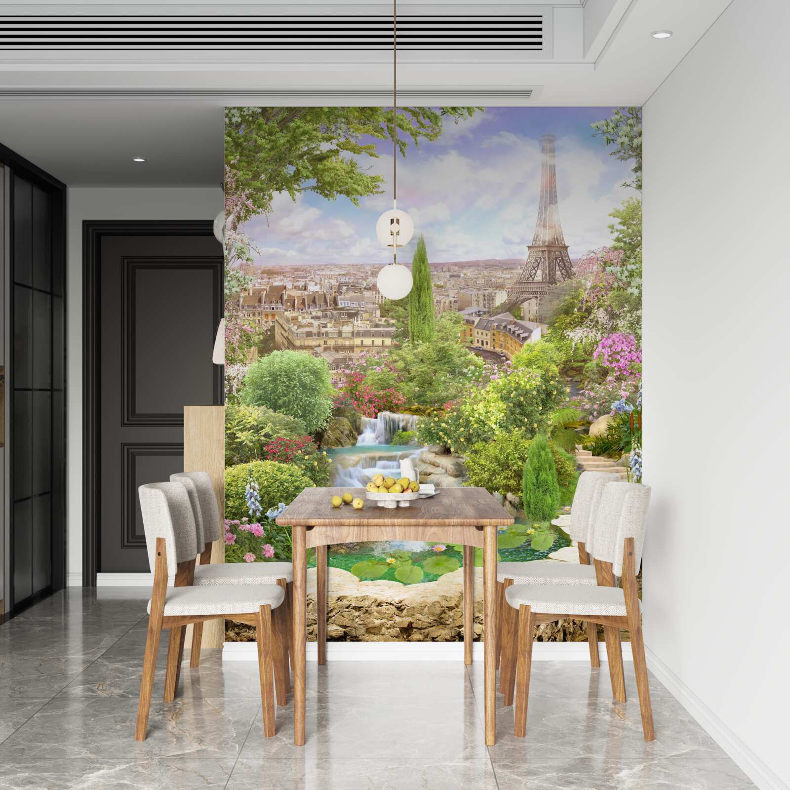 Fototapeta rozkvitnutá záhrada s výhľadom na Eiffelovu vežu