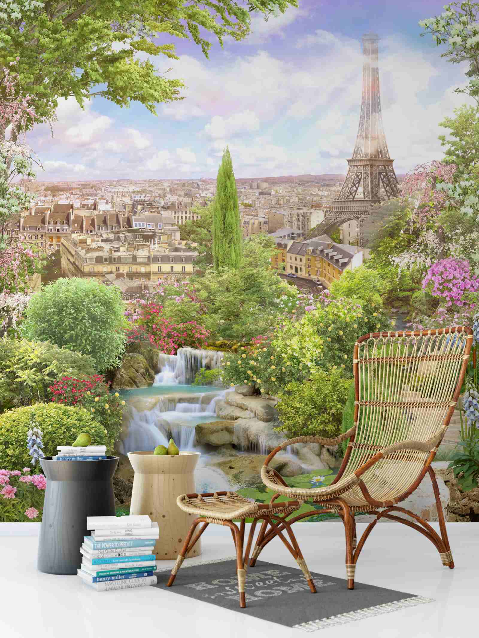 Fototapeta rozkvitnutá záhrada s výhľadom na Eiffelovu vežu