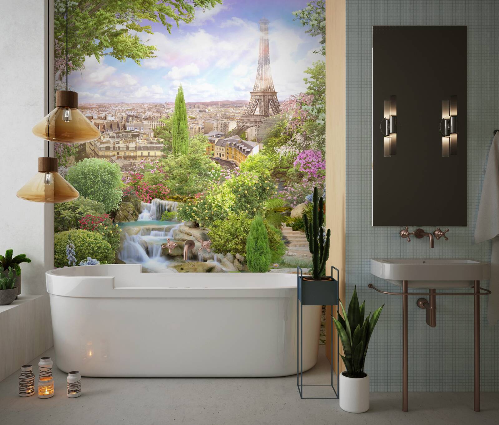 Fototapeta rozkvitnutá záhrada s výhľadom na Eiffelovu vežu