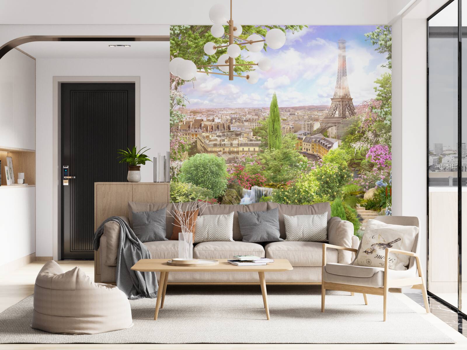Fototapeta rozkvitnutá záhrada s výhľadom na Eiffelovu vežu