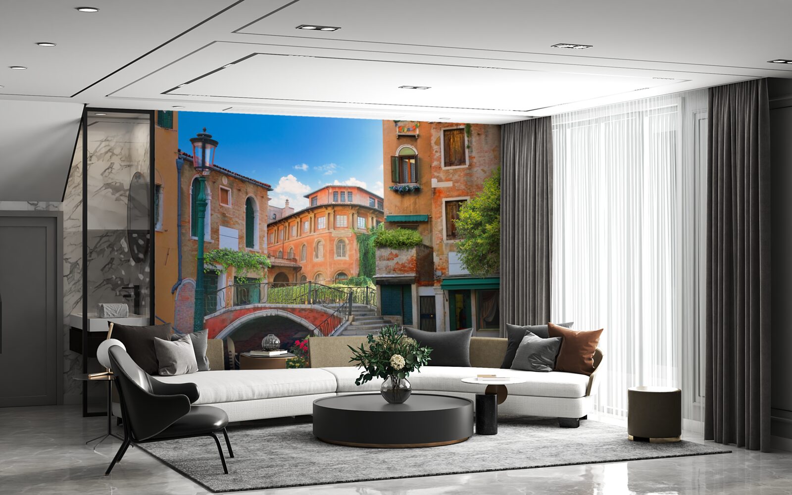 Fototapeta zničené budovy a mostná konštrukcia