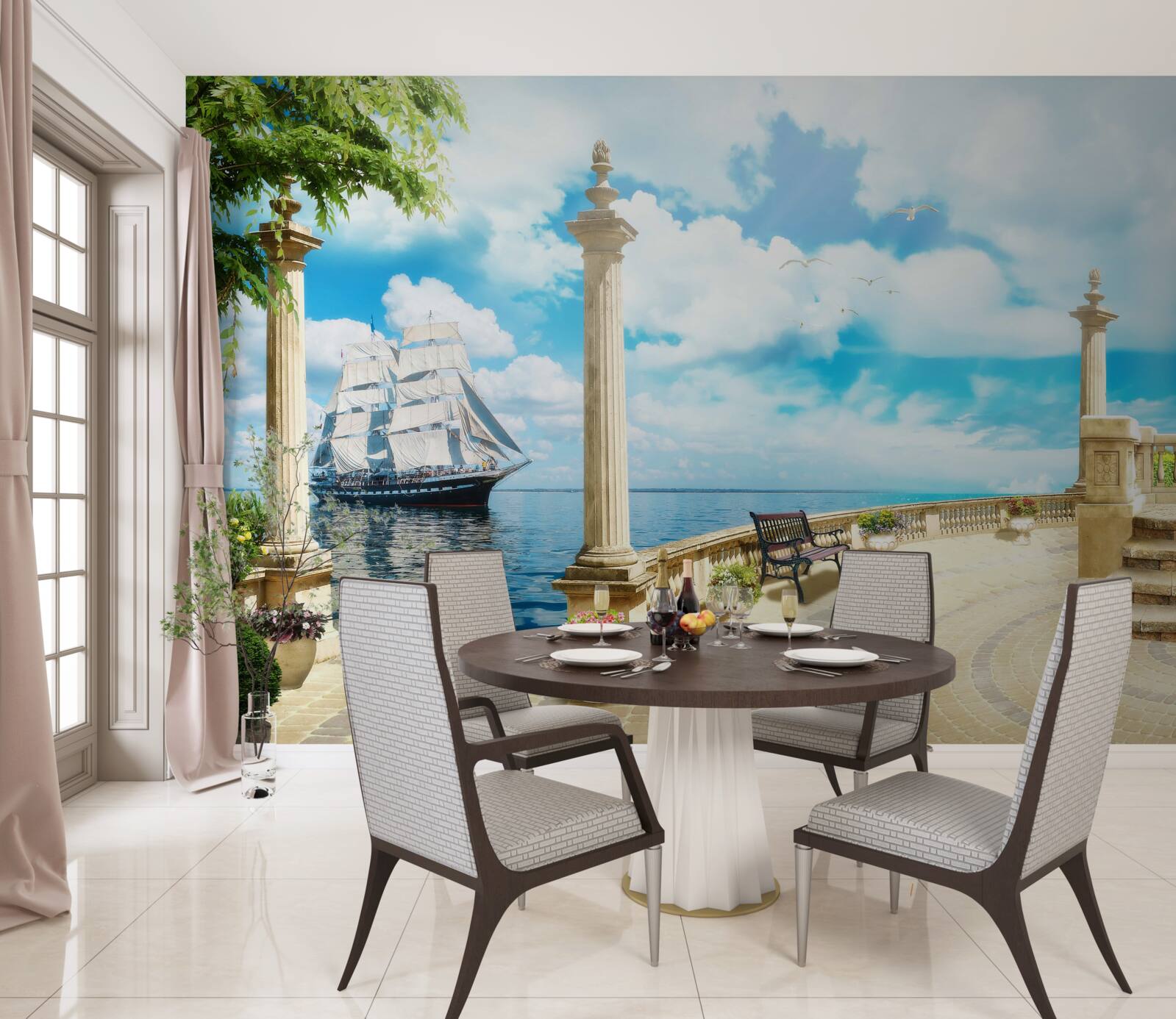 Fototapeta k brehu sa blíži plachetnica