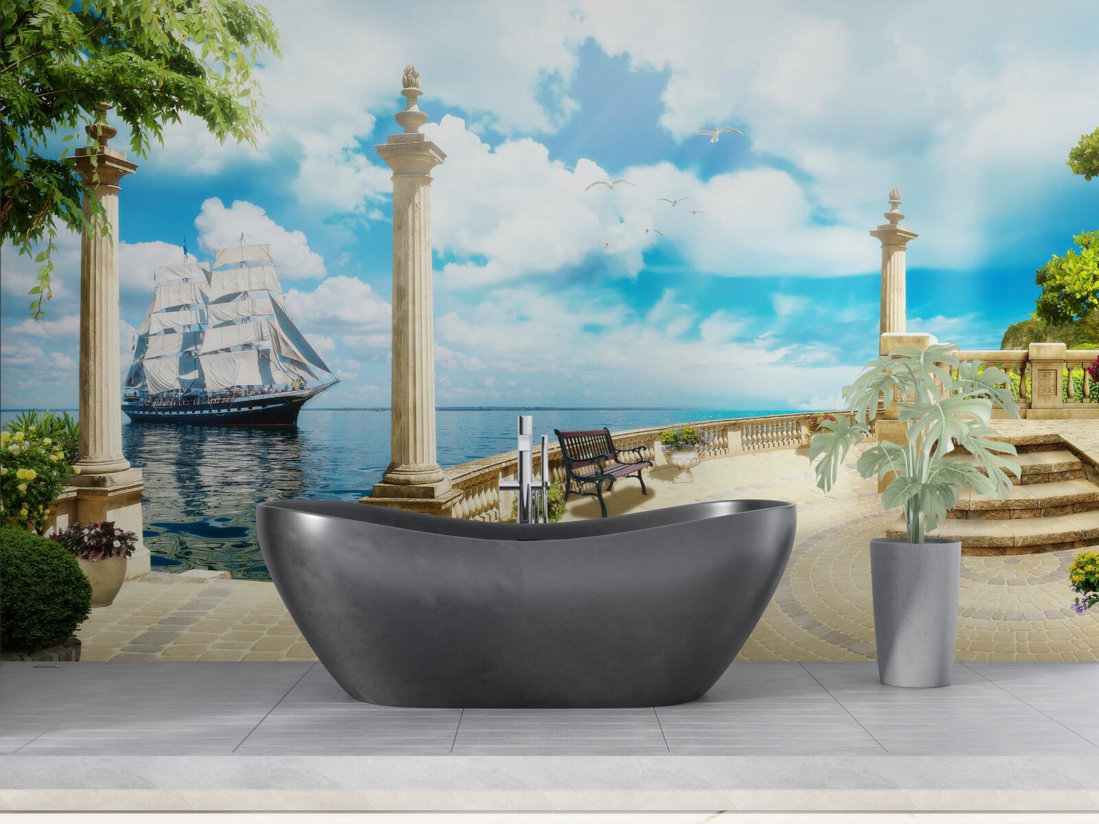 Fototapeta k brehu sa blíži plachetnica