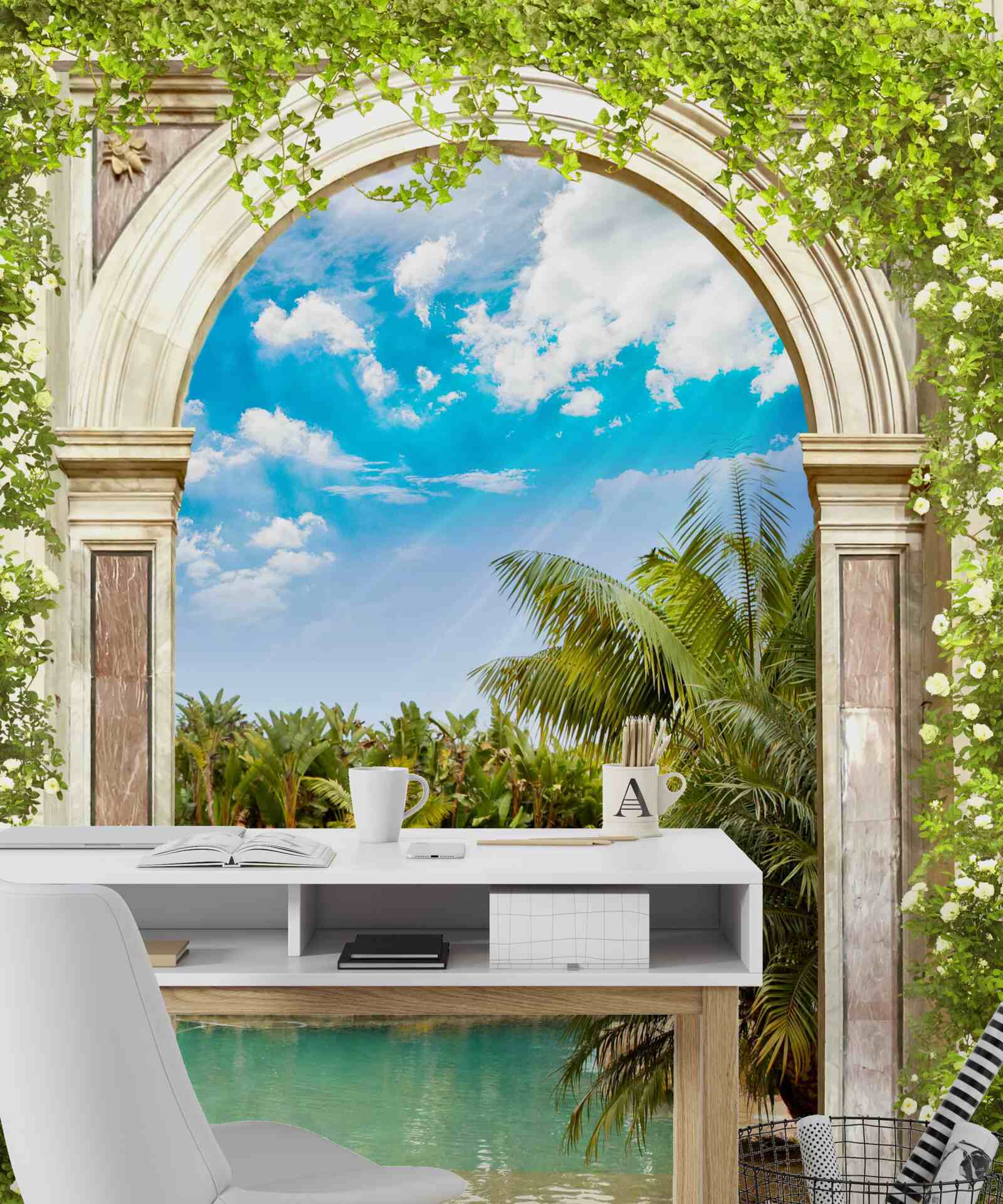 Fototapeta pohľad na vodu a palmy cez oblúk