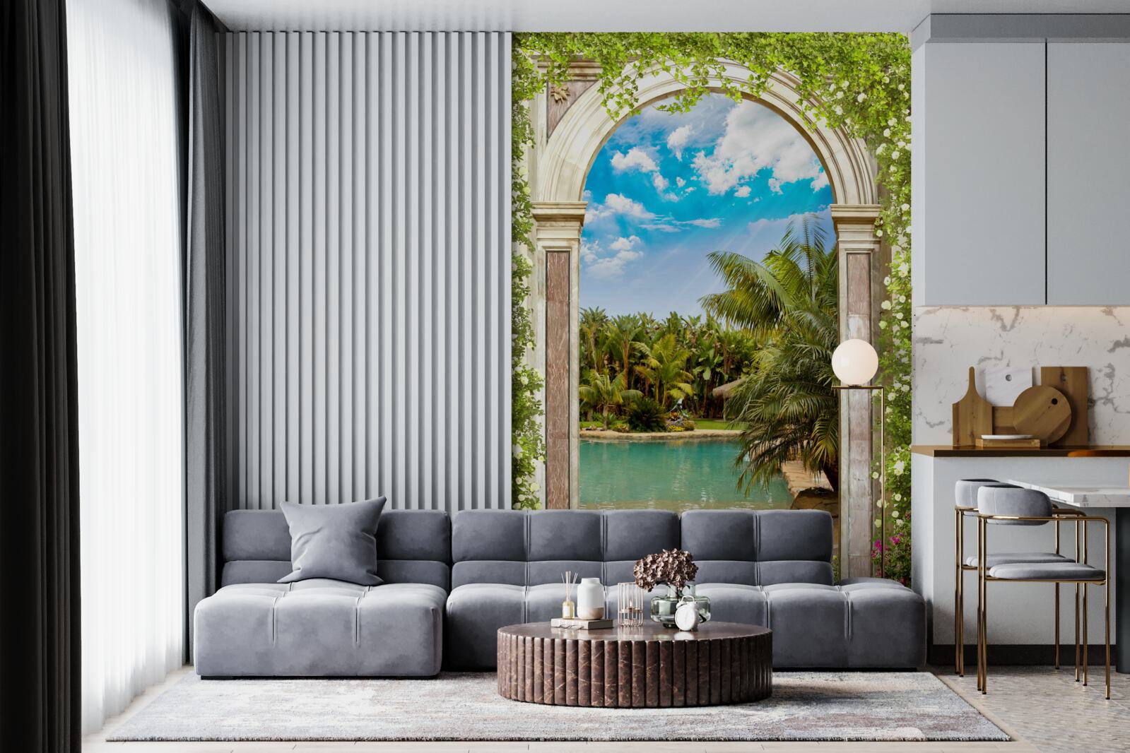 Fototapeta pohľad na vodu a palmy cez oblúk