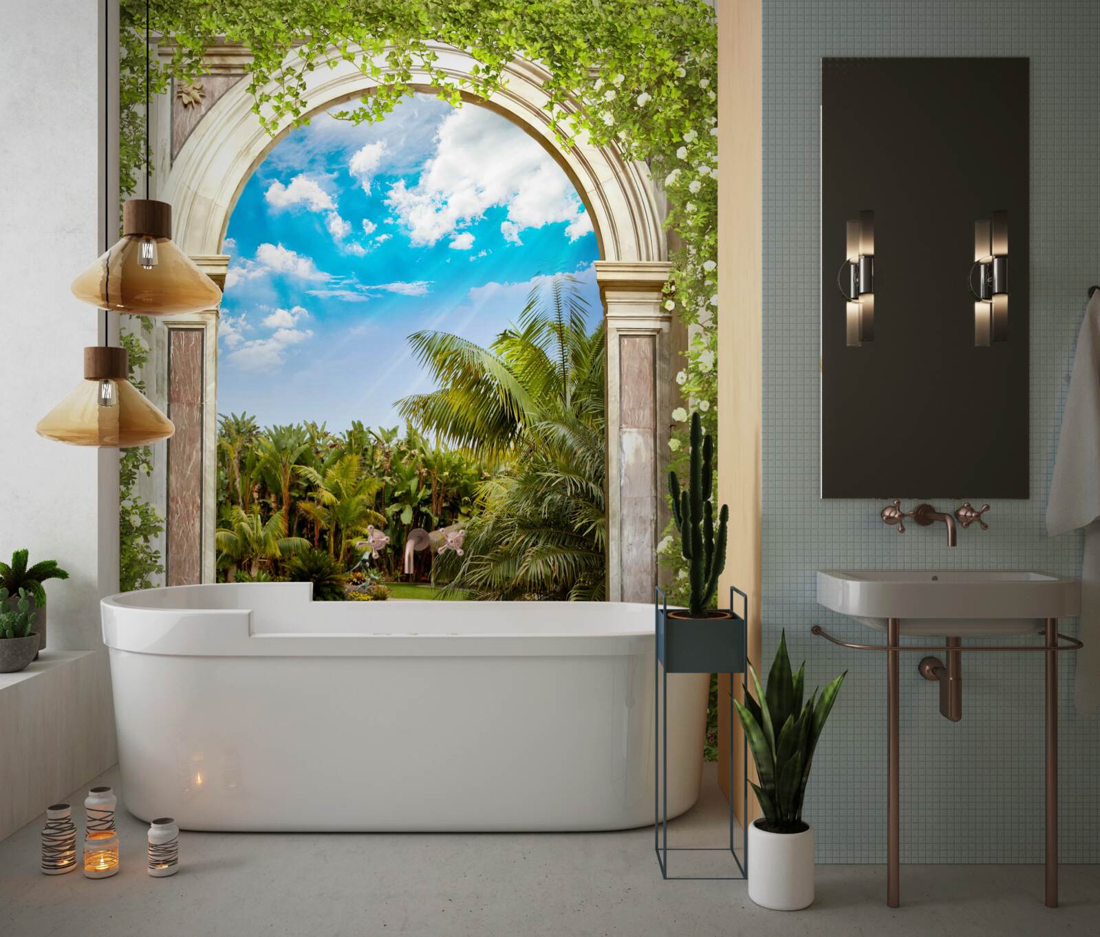 Fototapeta pohľad na vodu a palmy cez oblúk