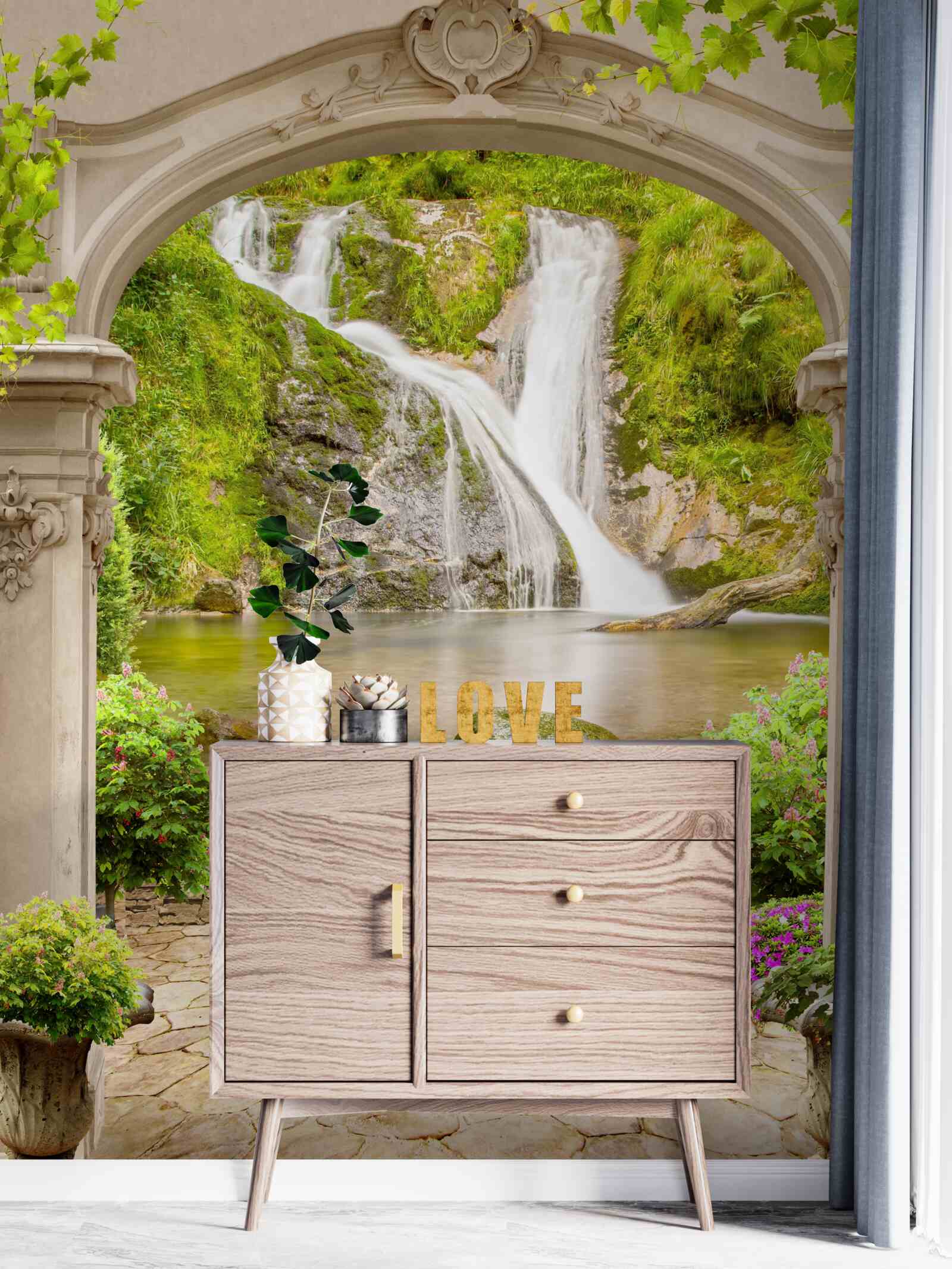 Fototapeta prechod popod oblúk k vodopádu