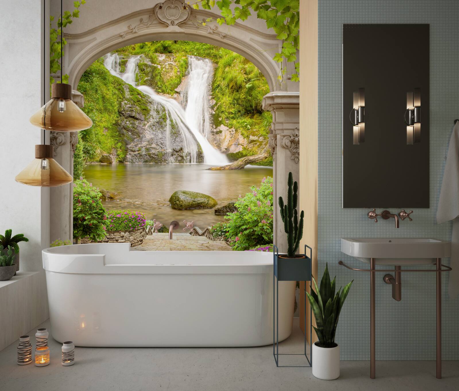 Fototapeta prechod popod oblúk k vodopádu