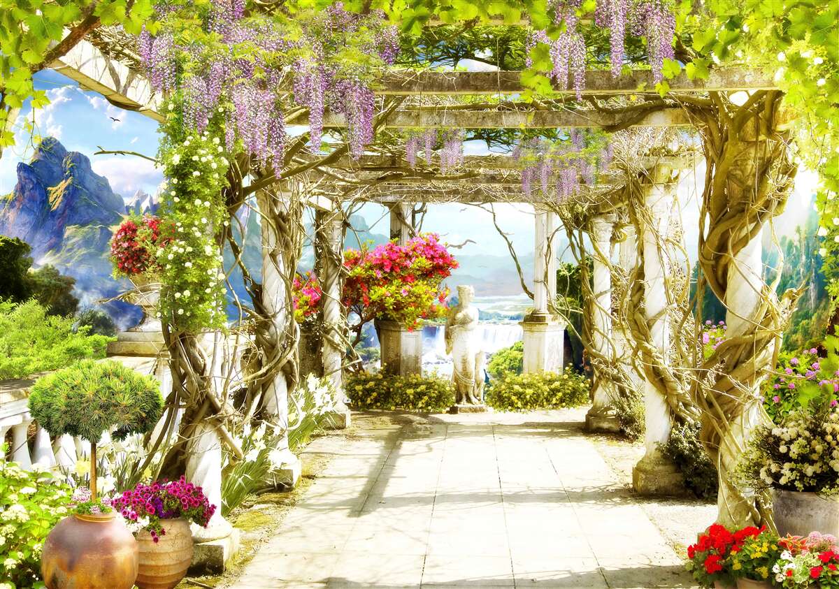 Fototapeta Grécka terasa zaliata kvetmi