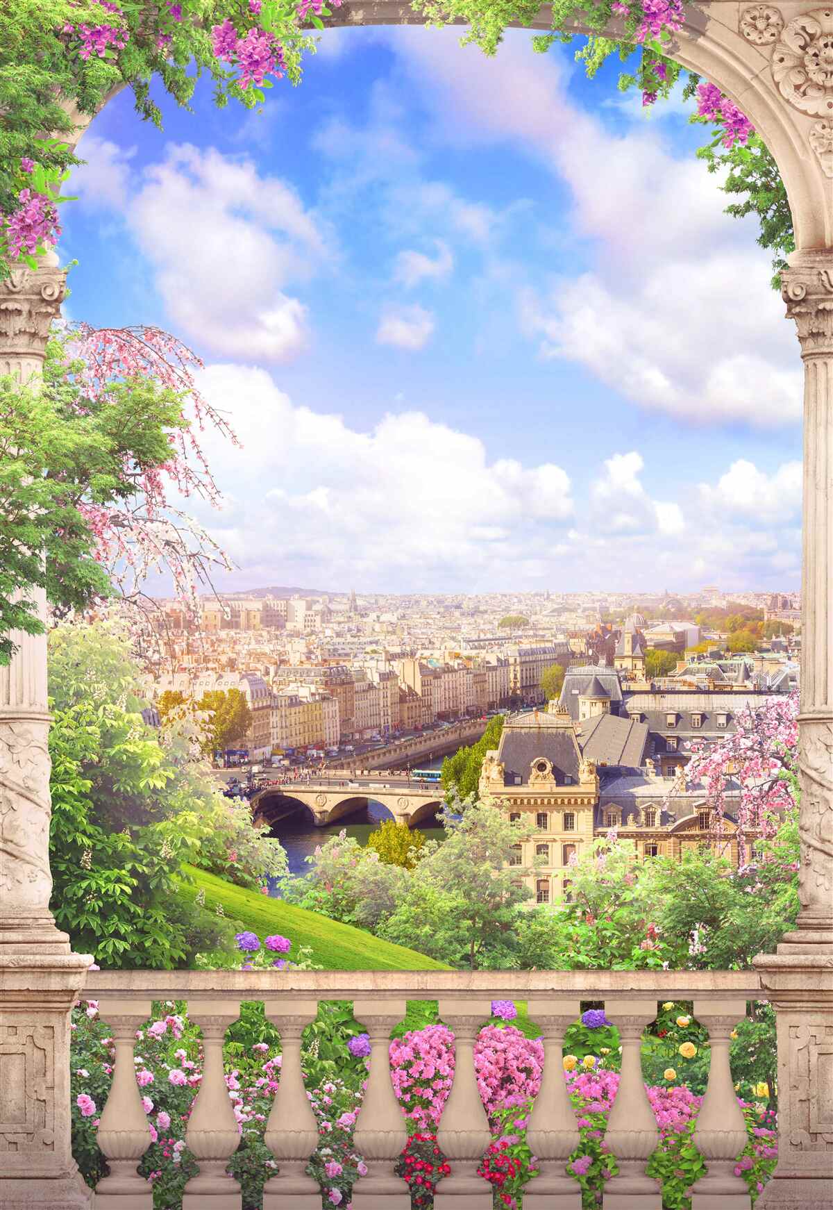 Fototapeta panoráma mesta z rozkvitnutého balkóna