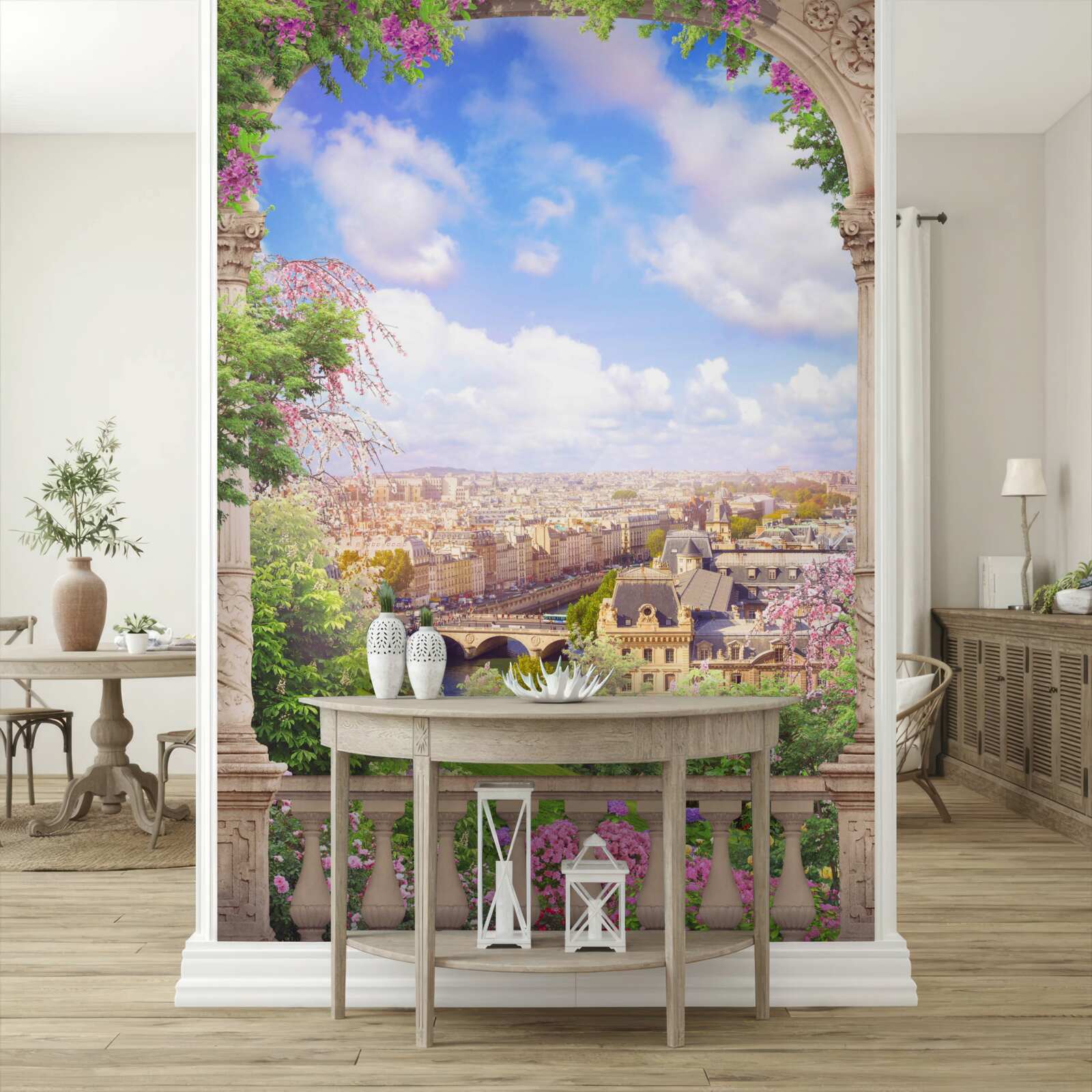 Fototapeta panoráma mesta z rozkvitnutého balkóna