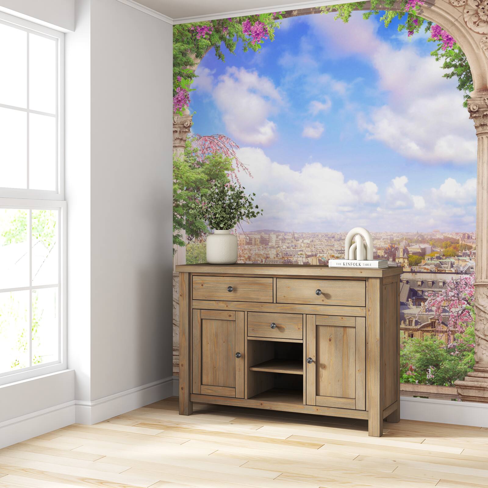 Fototapeta panoráma mesta z rozkvitnutého balkóna