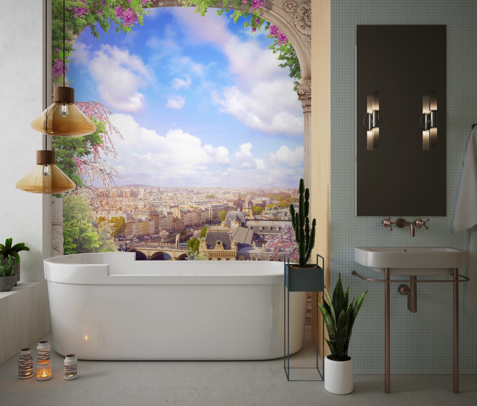 Fototapeta panoráma mesta z rozkvitnutého balkóna