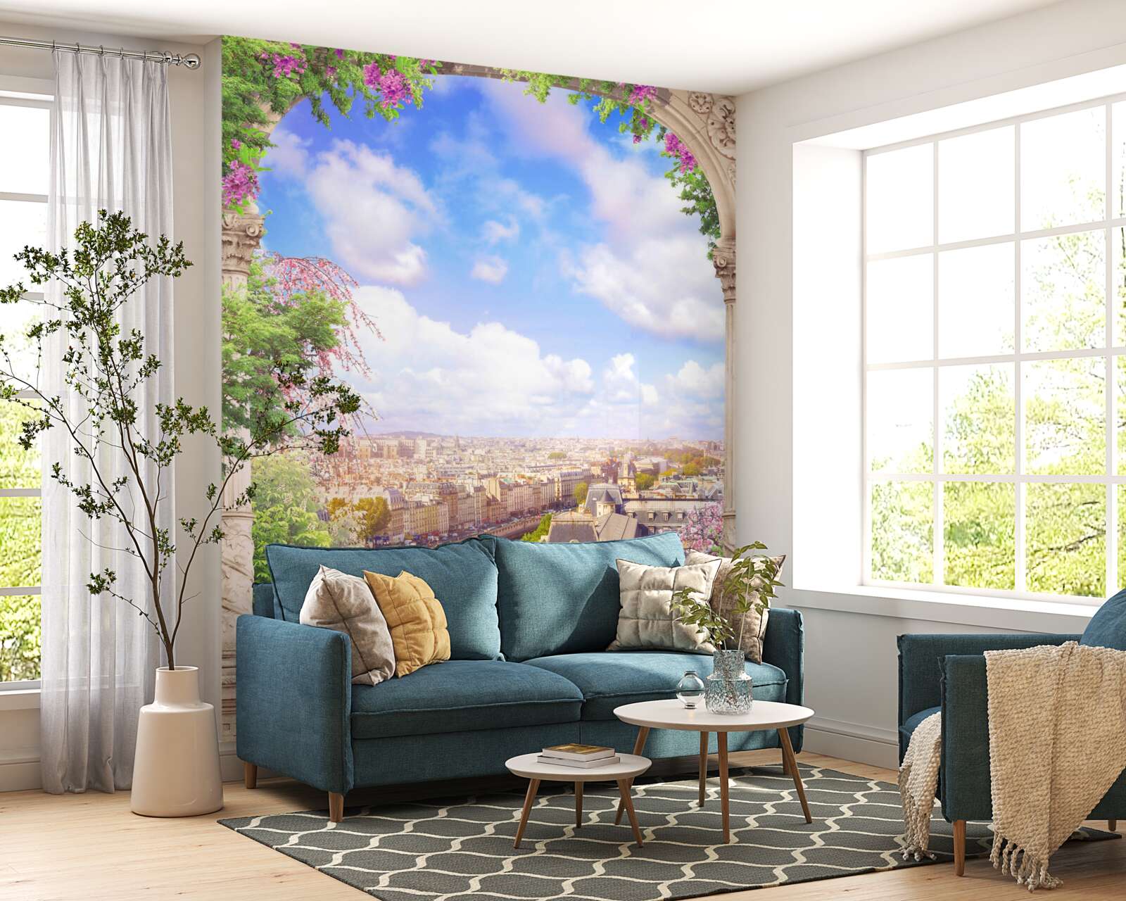 Fototapeta panoráma mesta z rozkvitnutého balkóna