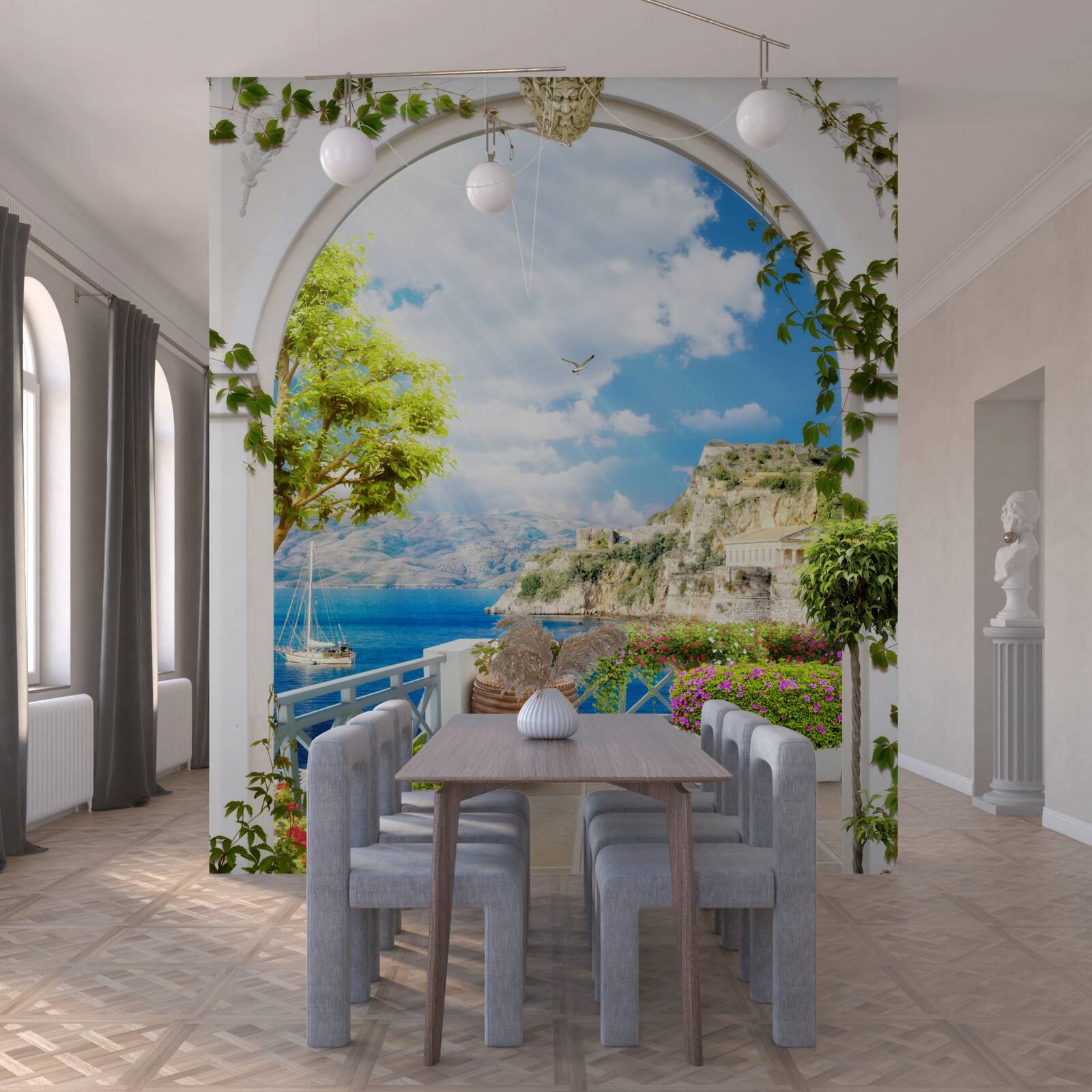 Fototapeta okno s výhľadom na hory a more