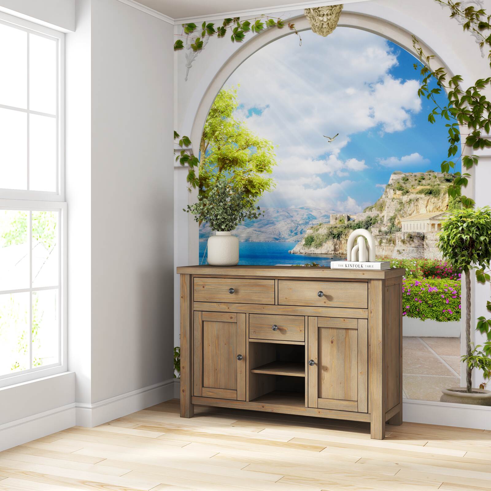 Fototapeta okno s výhľadom na hory a more