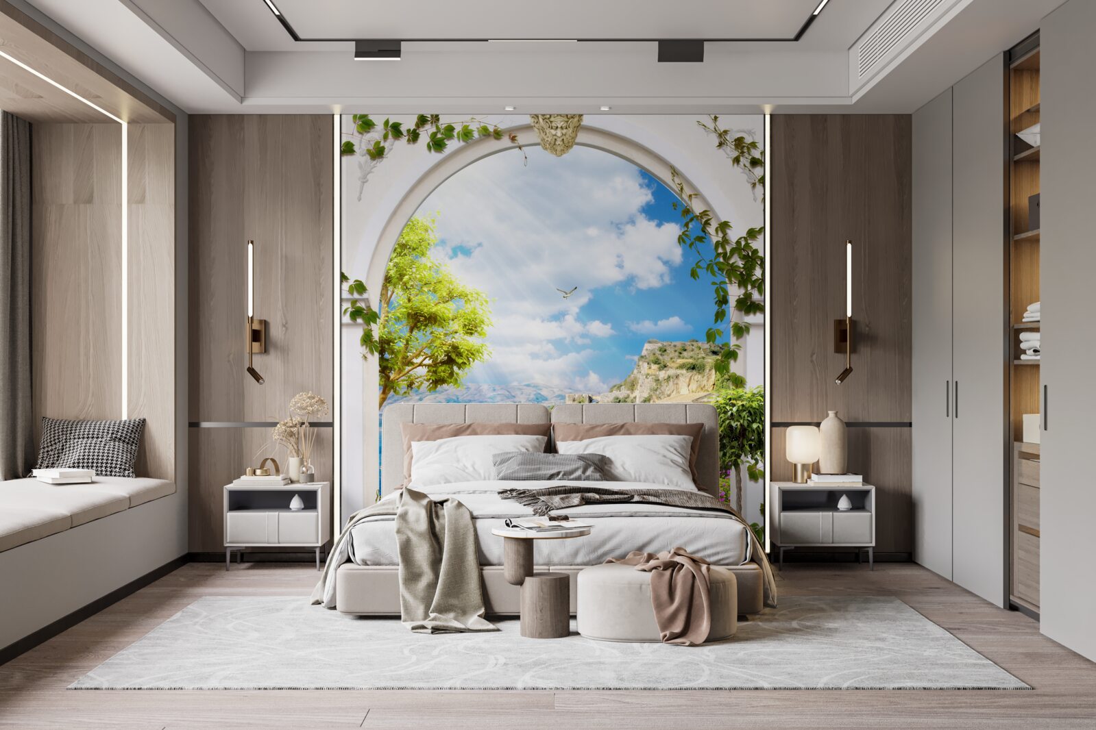 Fototapeta okno s výhľadom na hory a more